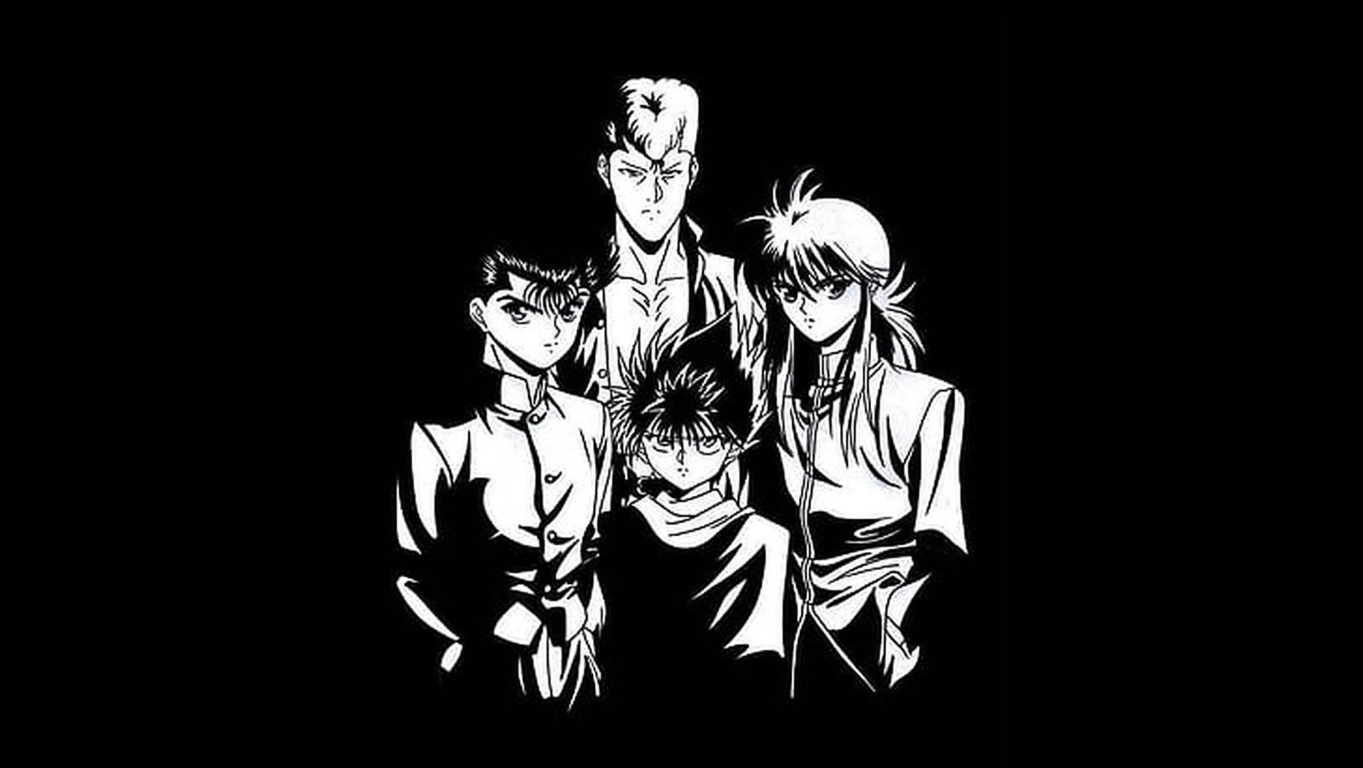 幽遊白書 單色海報 壁紙 — 四個黑白動漫角色站在純黑色背景前，輪廓鮮明，燈光戲劇化。