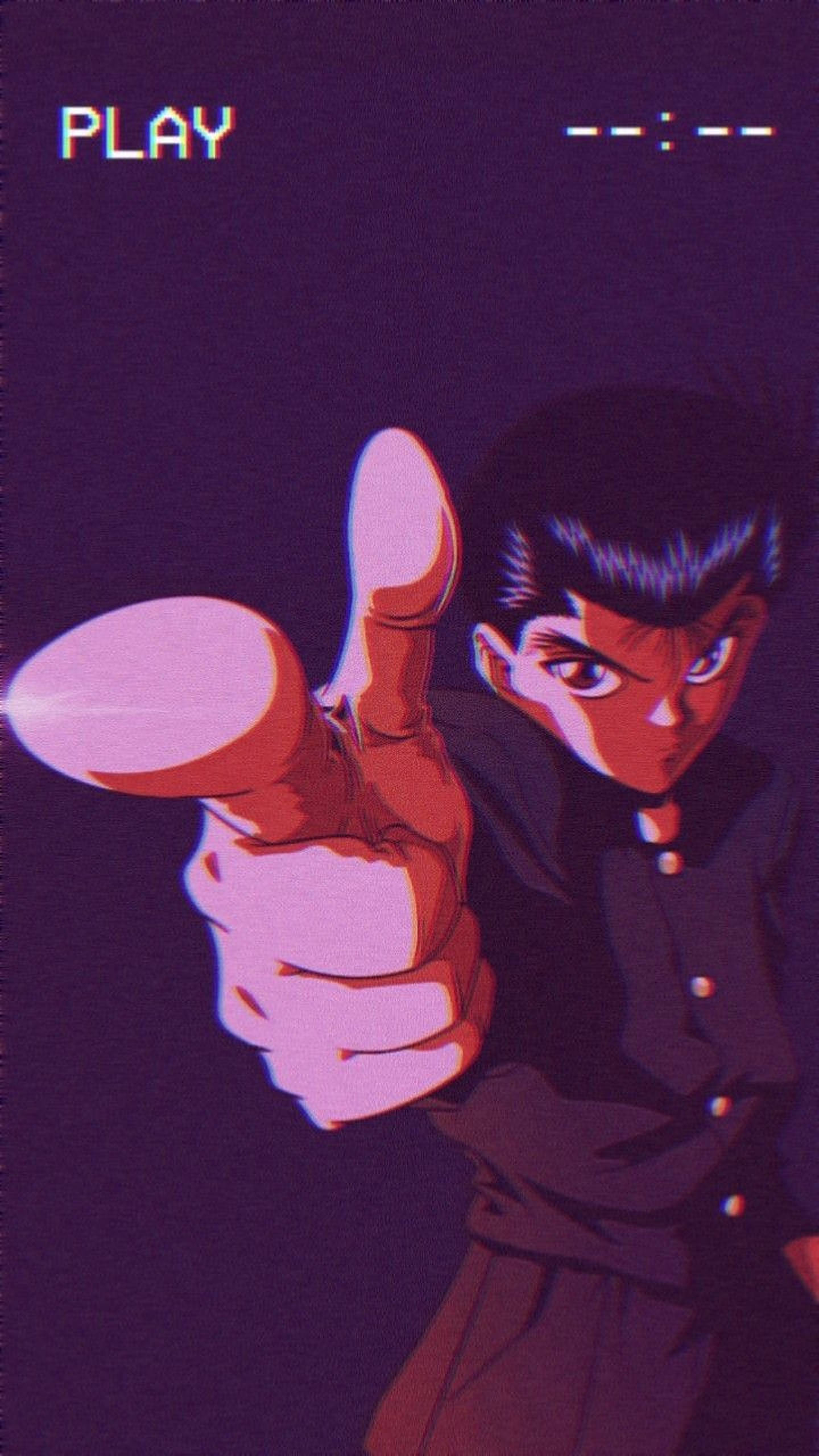 幽遊白書 神崎燐VHS風格編輯 壁紙 — 一個堅定的動畫男孩穿著深色制服，在帶有 'PLAY' 文字的故障紫色背景上大膽豎起大拇指。