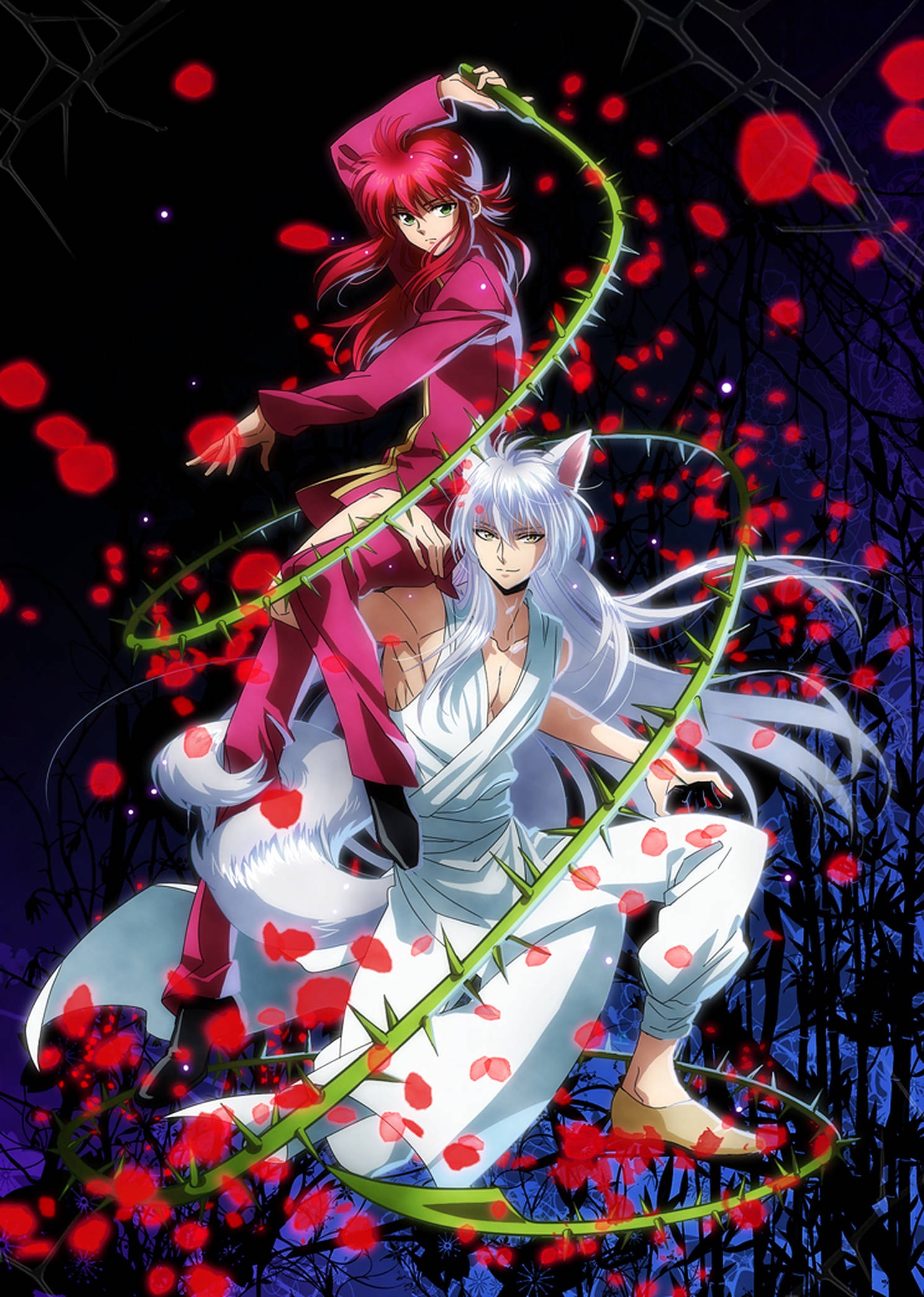 幽遊白書 神崎燐與紅髮神崎 壁紙 — 兩個動漫角色，一個紅頭髮，在黑暗森林背景下，揮舞著帶刺的鞭子，周圍飄落著紅色花瓣。