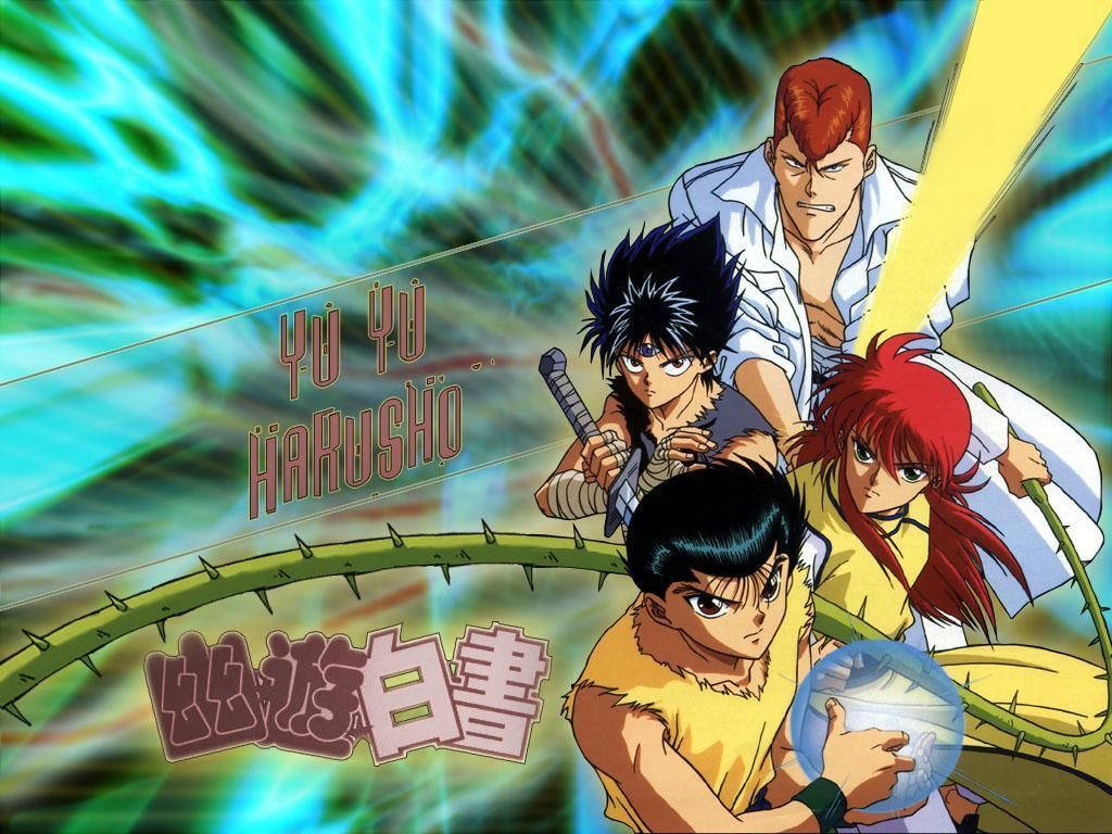來自《幽遊白書》的動漫角色在戰鬥場景中帶有能量效果。
