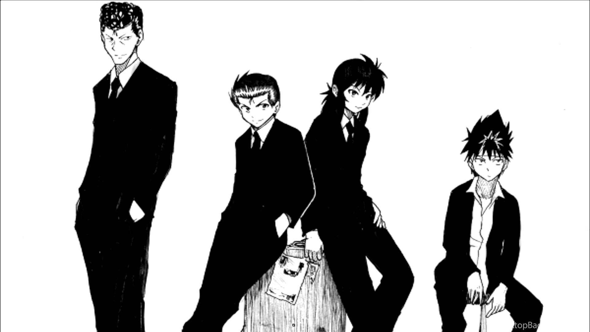 四個穿著西裝的動漫男子在白色背景上表情強烈。