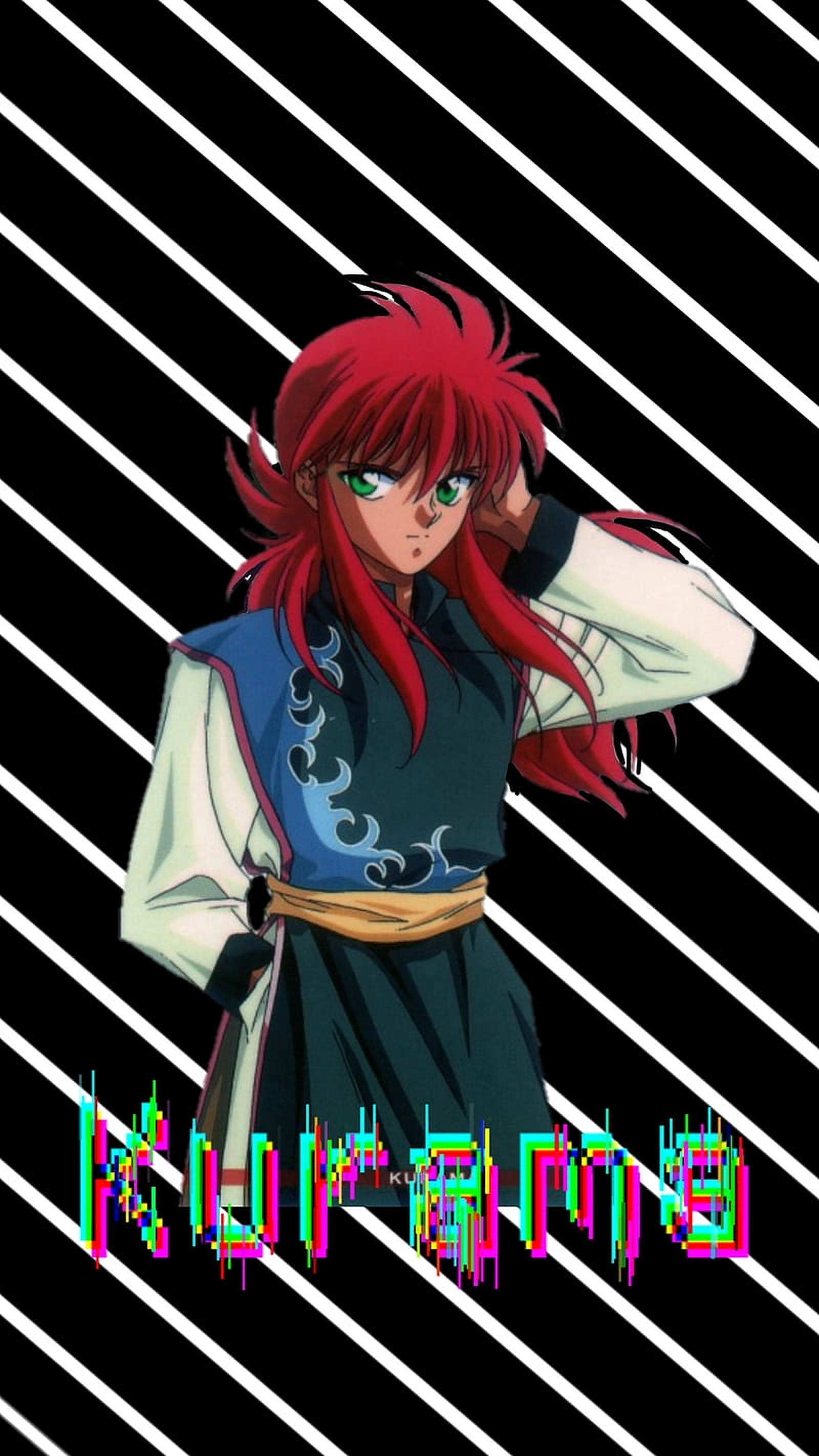 幽遊白書 貓又（Kurama）故障藝術 壁紙 — 擁有火紅頭髮和綠色眼睛的動漫角色，在黑白對角條紋背景和故障文字前擺姿勢。