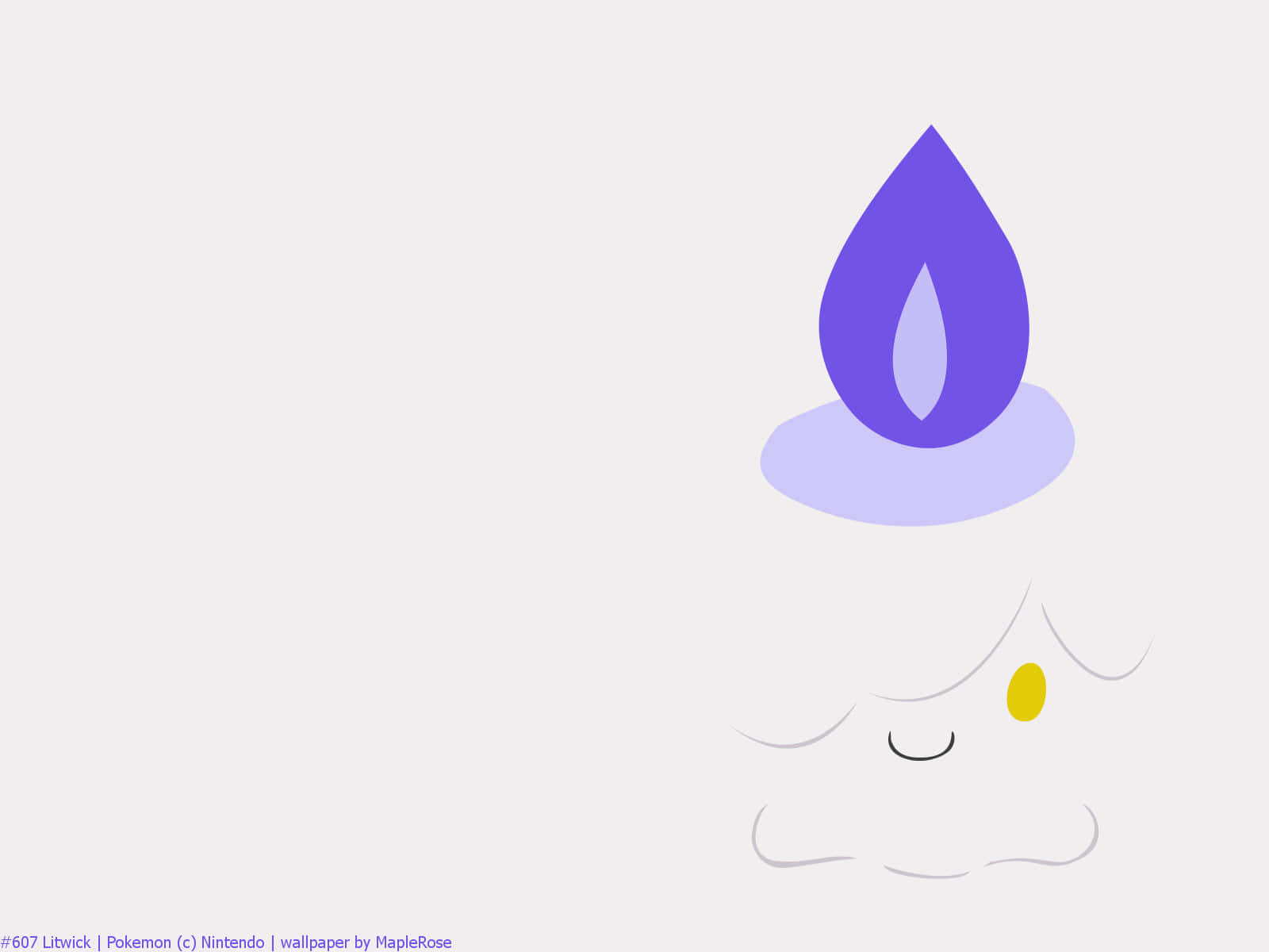 幽靈之光：Litwick 投射陰影 壁紙 — 一個極簡插圖，描繪了寶可夢燭光靈，帶有紫色火焰和閉上的眼睛，背景為淺灰色。
