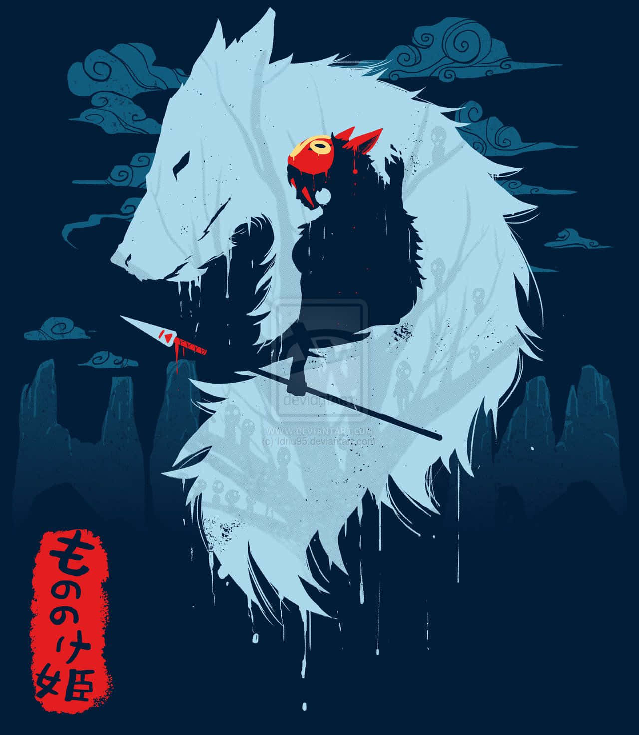 一隻紅眼睛的白狼，手持血劍，站在黑暗的夜空下。