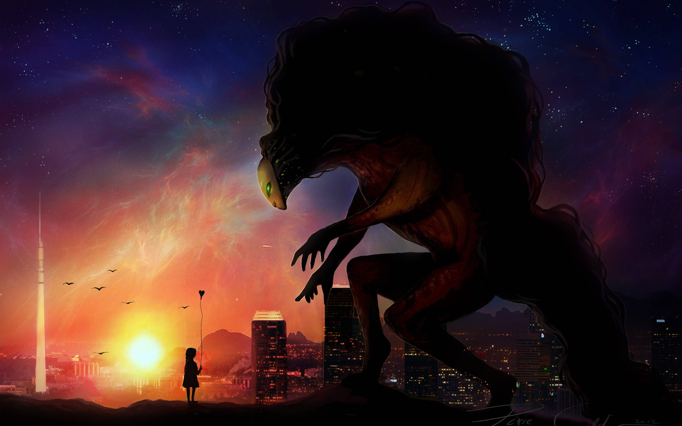 《幽靈公主》中的主角阿席達卡 壁紙 — 一個孤獨的孩子拿著氣球，而一個巨大的外星生物在日落時分籠罩著城市天際線。