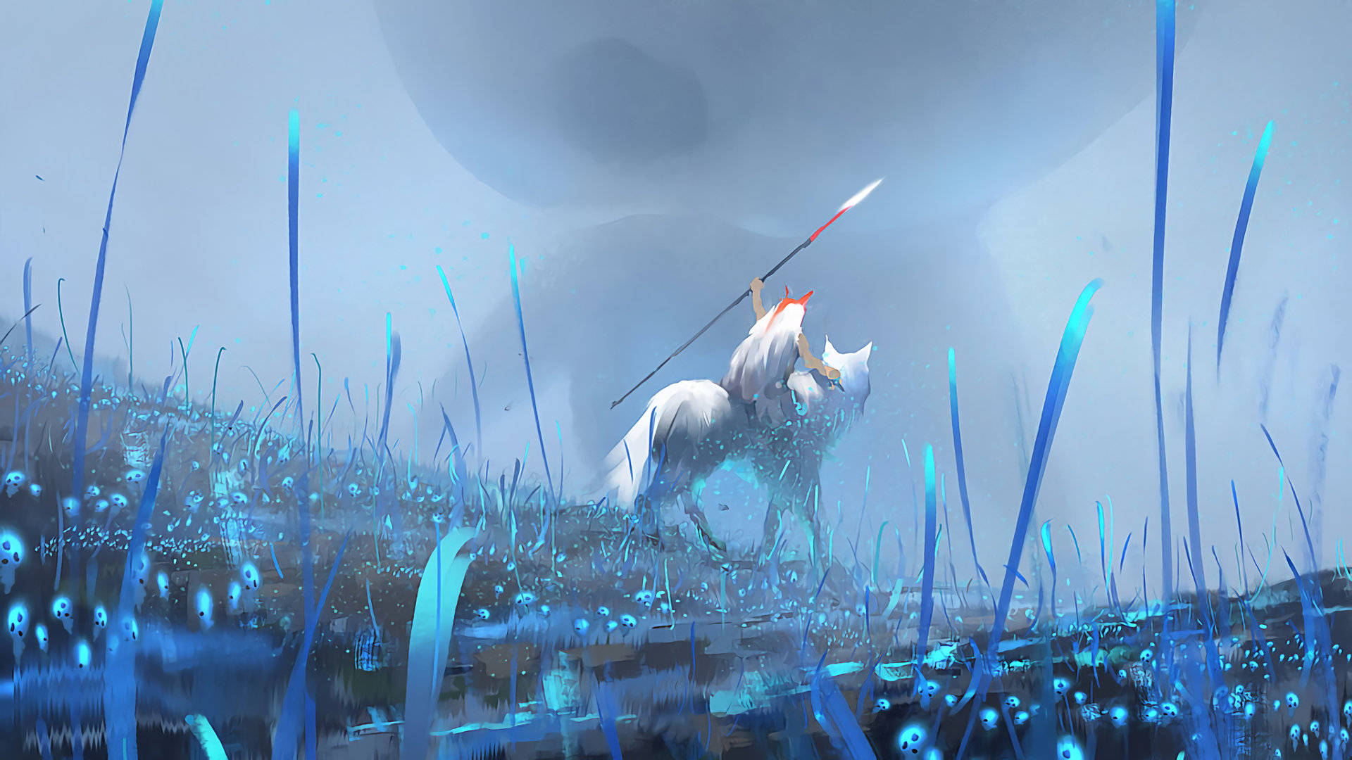 《幽靈公主》中的森林精靈柯達瑪 壁紙 — 一個孤獨的白衣騎士騎著馬，在霧濛濛的天空下，揮舞著發光的長矛穿過藍色蘆葦田。