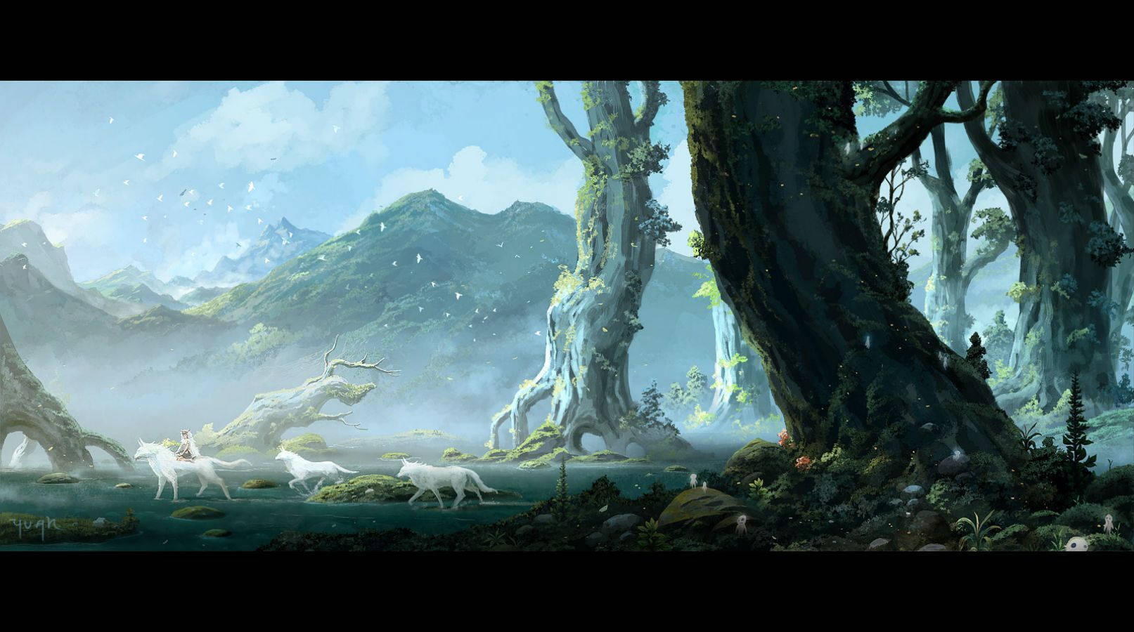 《幽靈公主》中的莫洛與她的幼崽 壁紙 — 一位孤獨的騎手騎著白馬穿越迷霧森林，森林中有巨大的古樹和遠山，天空柔和湛藍。