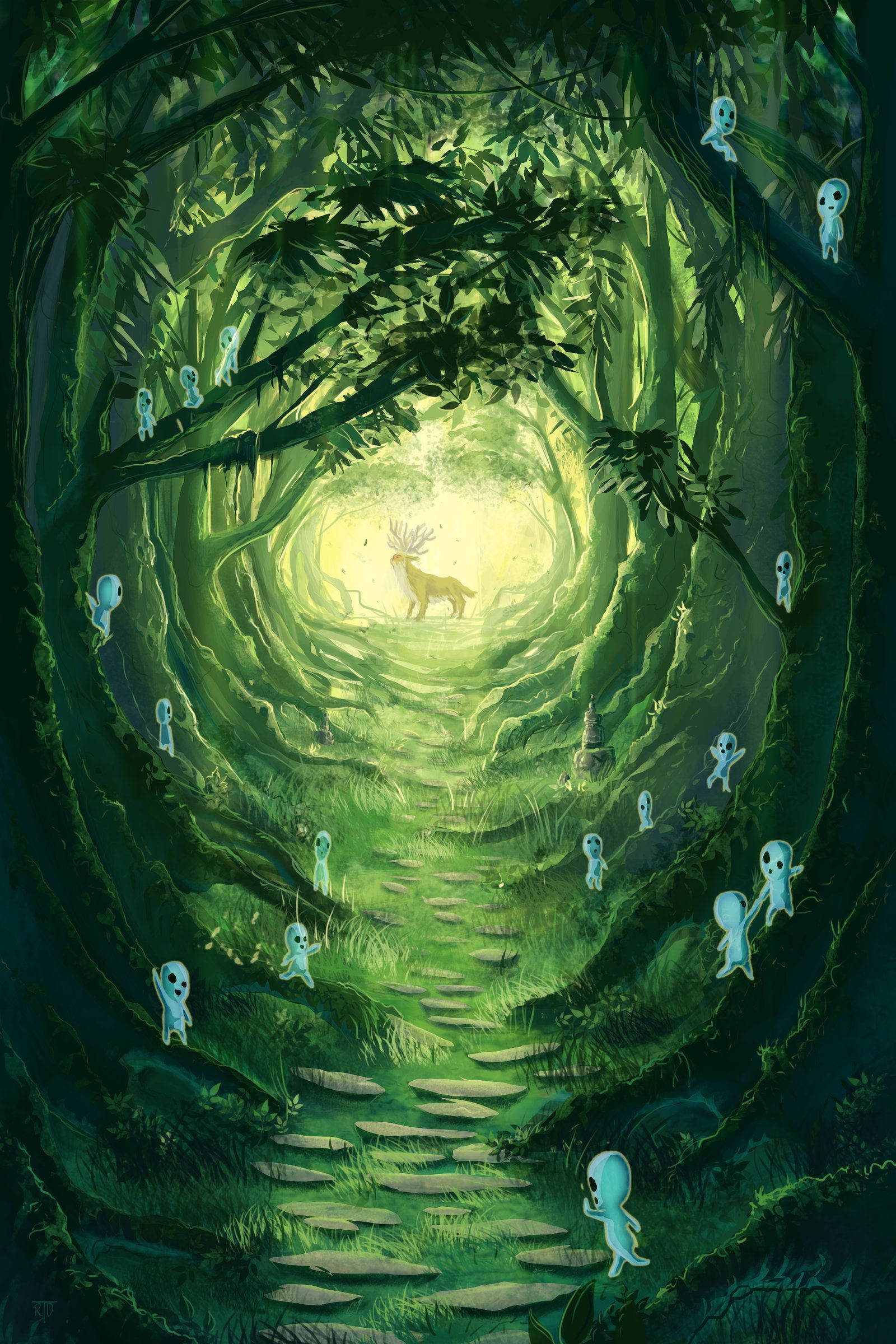 《幽靈公主》森林之神 壁紙 — 一條神秘的森林隧道沐浴在發光的綠光中，盡頭有一隻鹿，漂浮的藍色精靈引導著一條石路。