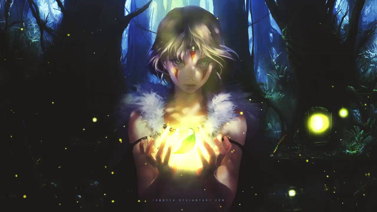 《幽靈公主》莫羅的魔法力量 壁紙 — 一個發光的動漫女孩，白色毛領，在充滿螢火蟲的黑暗神秘森林中手持發光球體。