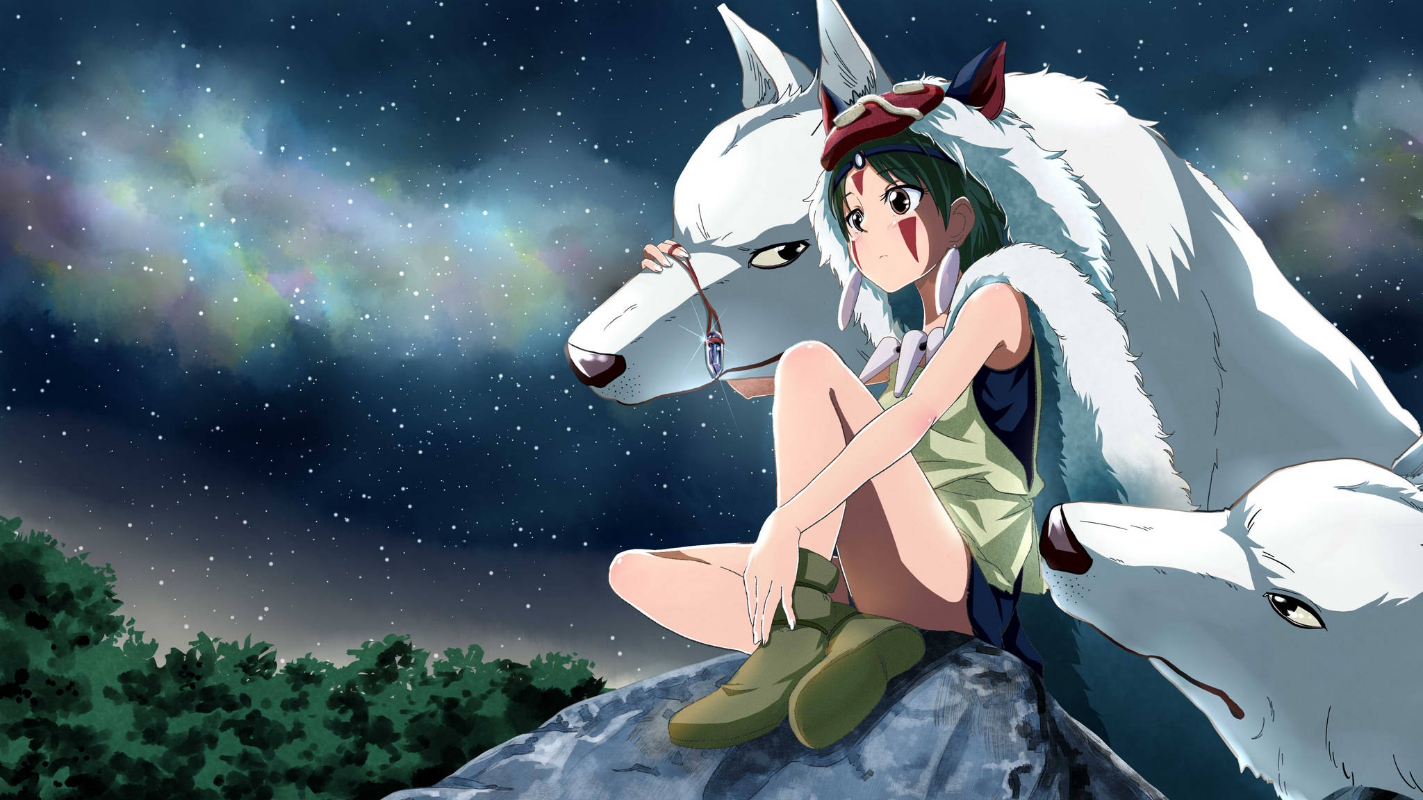 《幽靈公主》莫羅與桑欣賞星河 壁紙 — 一個綠髮少女坐在岩石露頭上，在星空下，伴隨著兩隻巨大的白色狼靈。