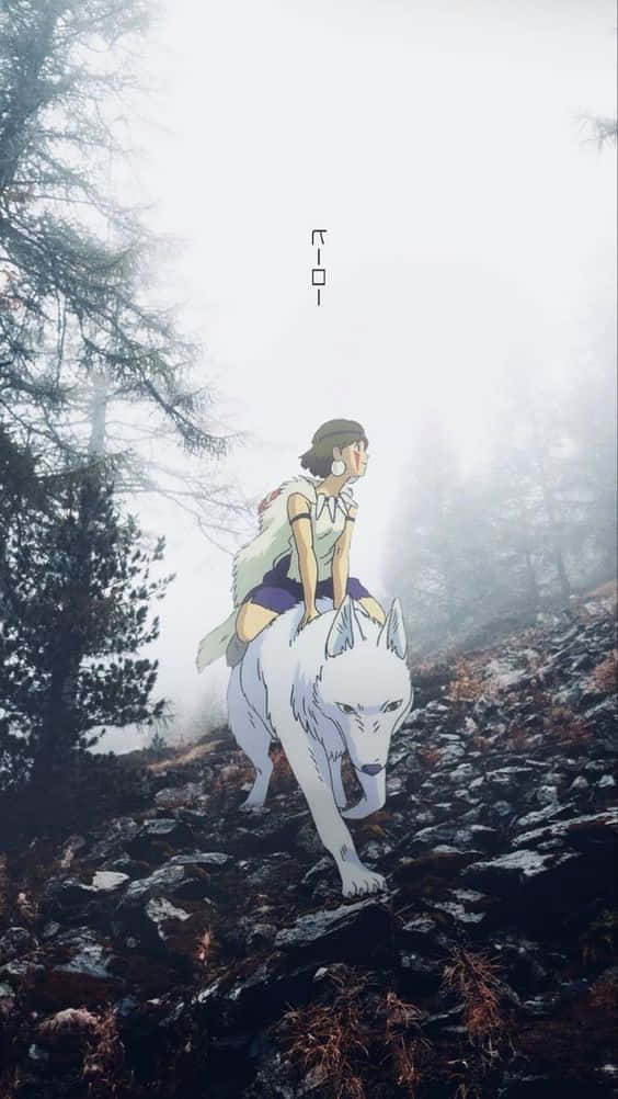 女孩騎著白狼穿過迷霧森林在岩石小徑上