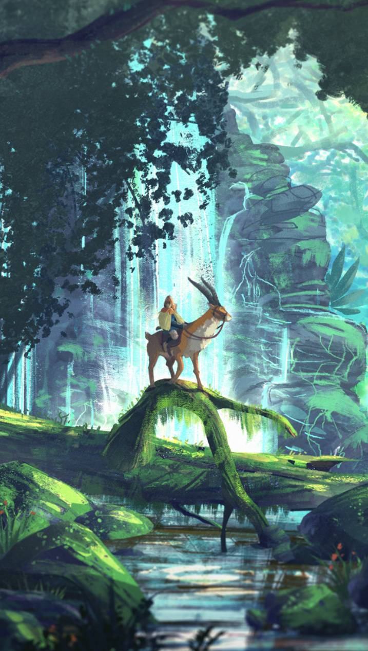 《幽靈公主》阿席達卡與忠犬雅庫爾 壁紙 — 一位騎在鹿上的騎士站在長滿苔蘚的木頭上，身處一個有瀑布傾瀉而下和參天大樹的發光森林中。