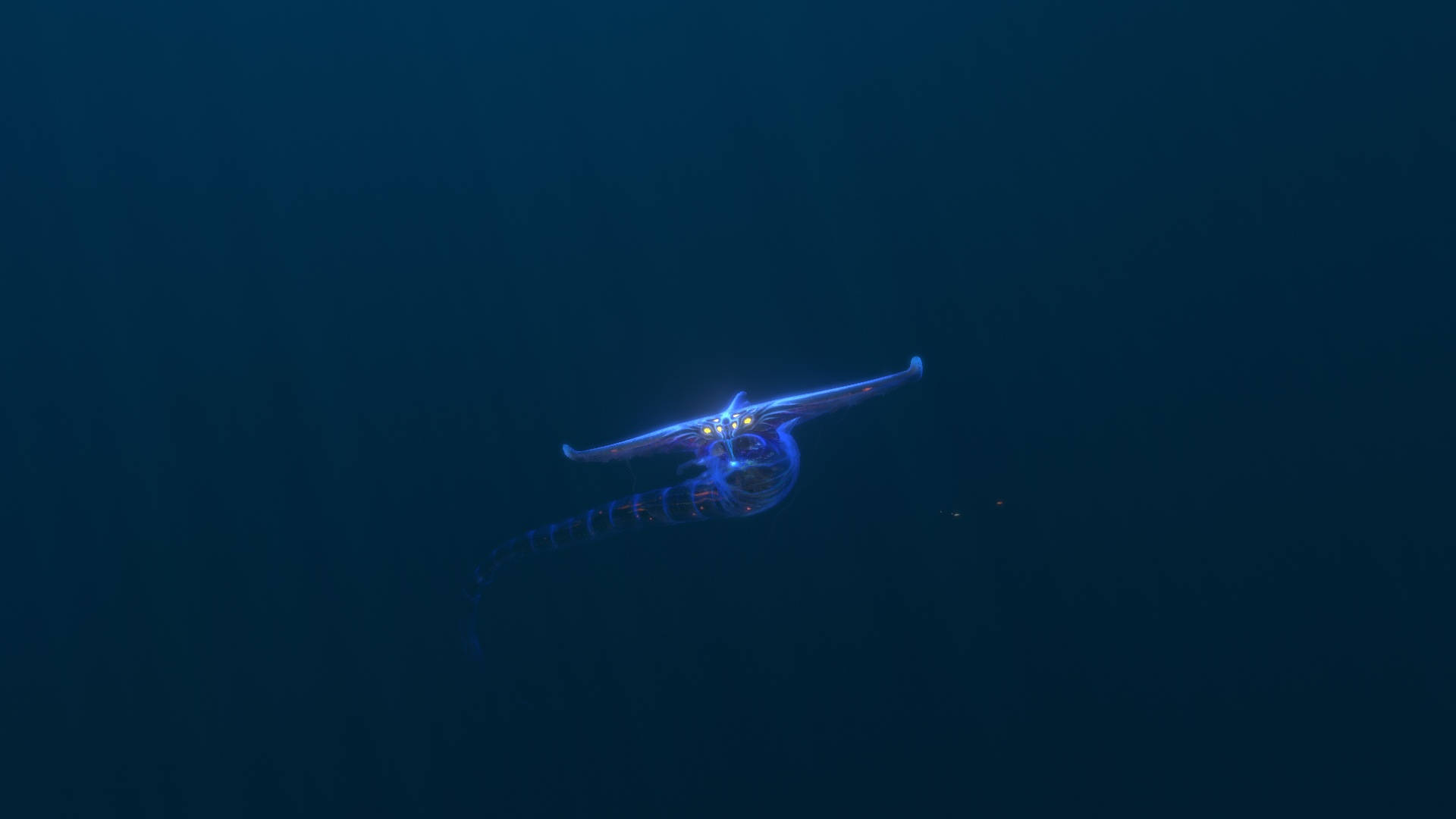 一隻發光深海生物在黑暗的海洋水域中游泳。