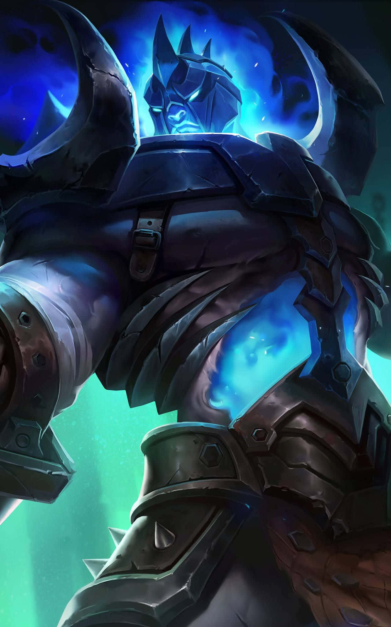 幽靈狂怒巴爾蒙德《Mobile Legends》肖像 壁紙 — 一個高聳的裝甲戰士，在黑暗神秘背景下，從他的胸部和頭盔散發出藍色發光能量。
