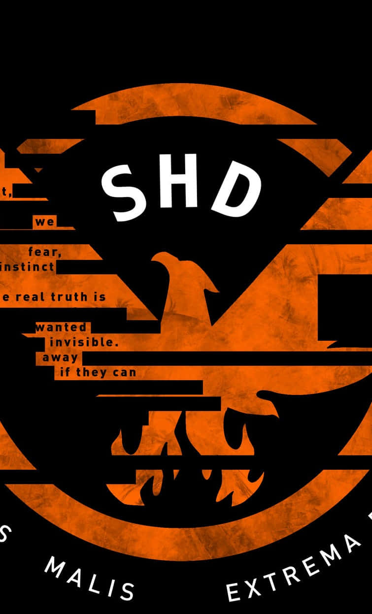 《幽靈行動：尖峰戰術》SHD標誌背景 壁紙 — 大膽的橙色和黑色圖形設計，圓形標誌內有字母 SHD 和鳥類剪影，以及碎片化的文字。