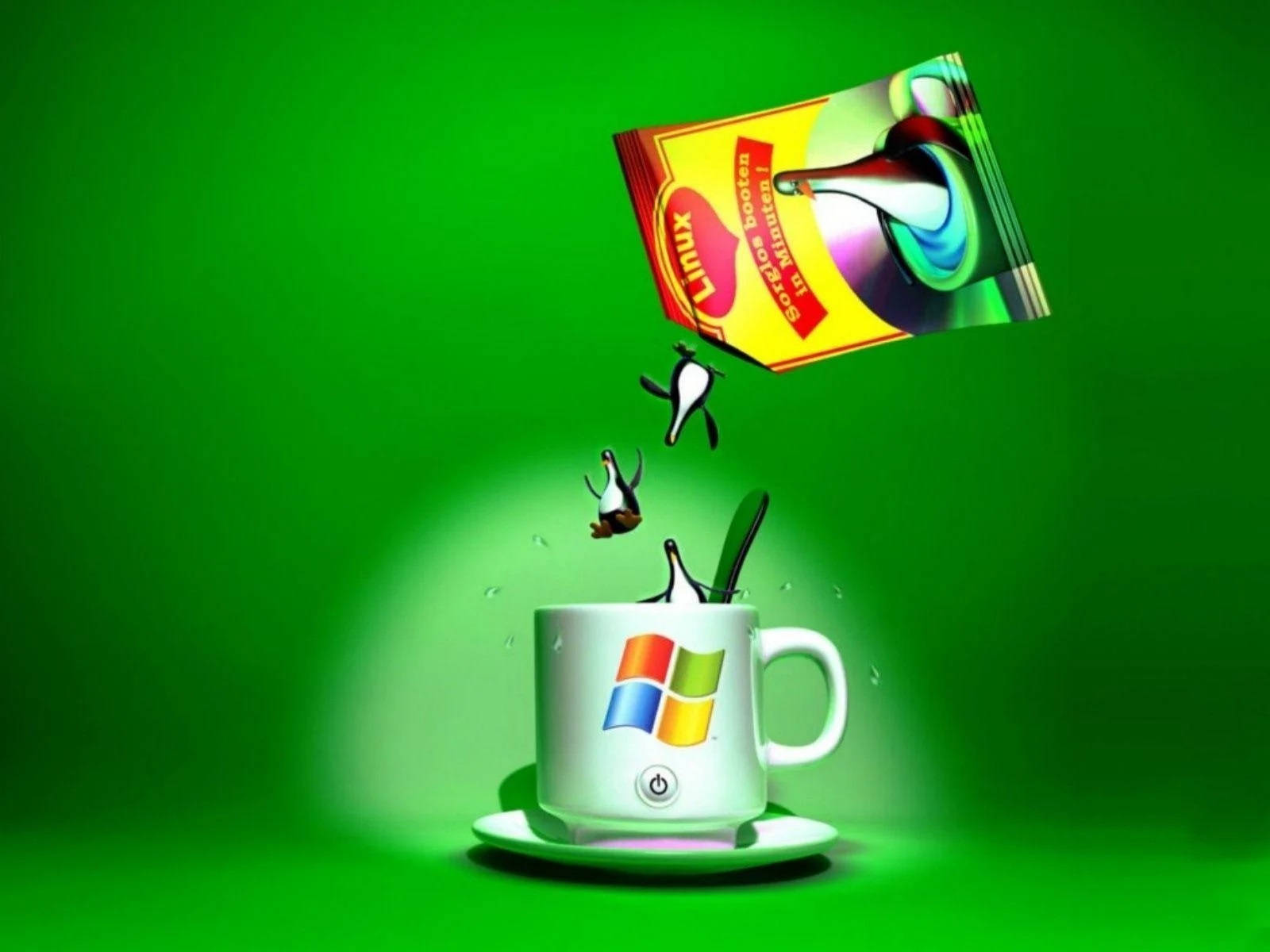 Linux 企鵝從盒子倒進 Windows 咖啡杯。