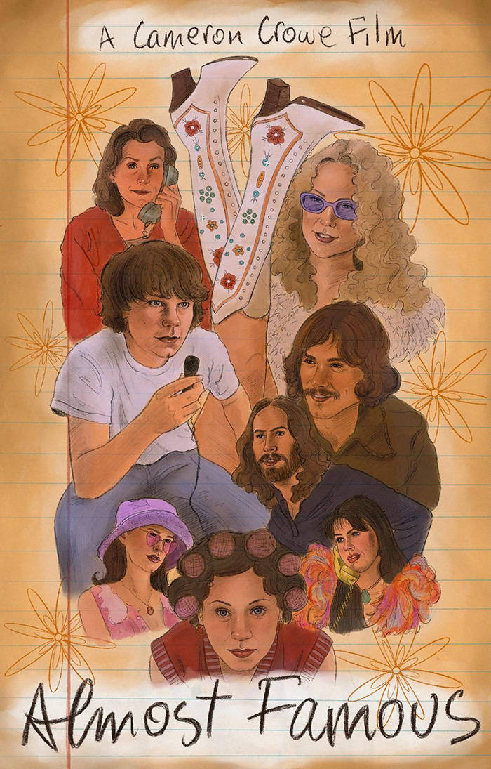 《Almost Famous》的電影海報，在橫線紙背景上有插圖角色。