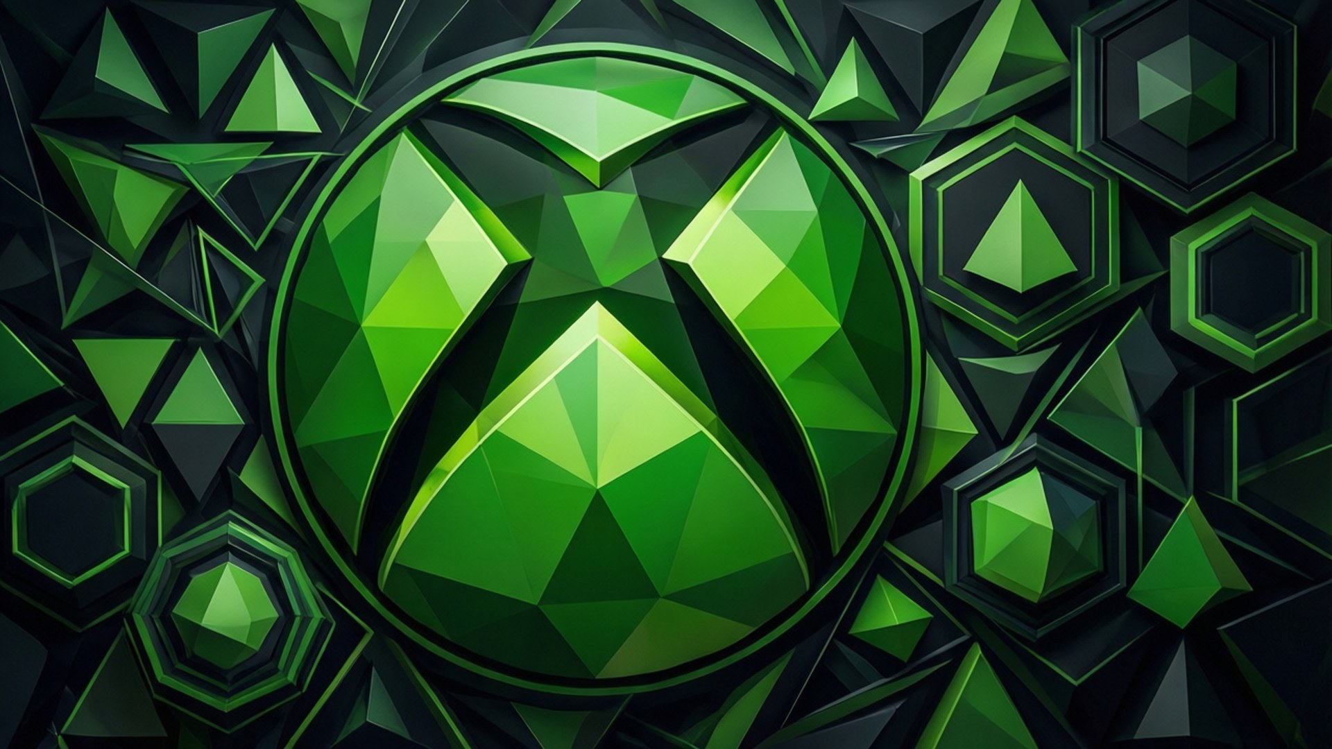 一個由幾何碎片製成的綠色Xbox標誌，周圍環繞著深色六邊形和三角形形狀。