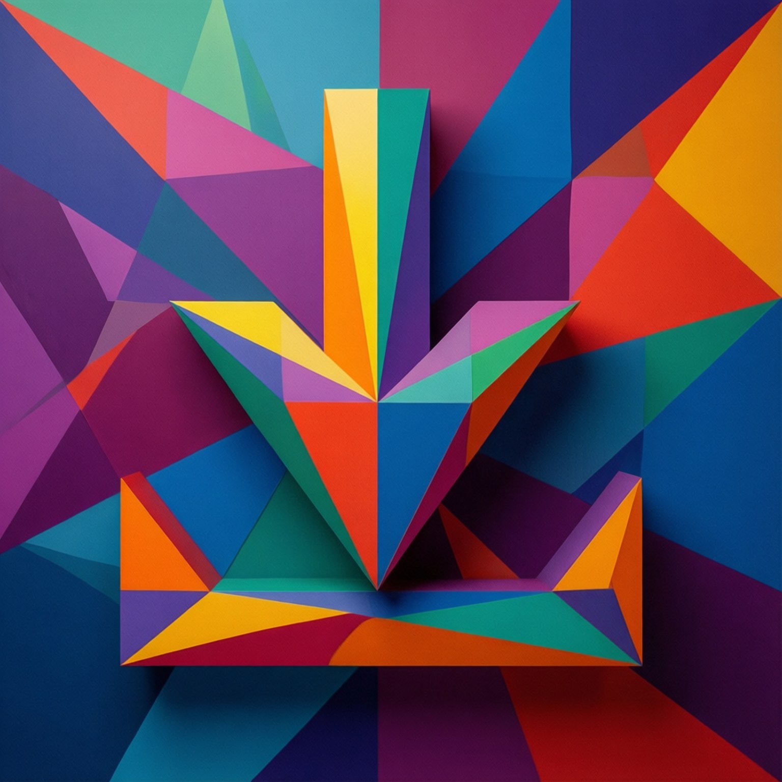 幾何下載箭頭 壁紙 — 一個充滿活力的幾何抽象構圖，中央有一個由彩色三角形面組成的向下箭頭。
