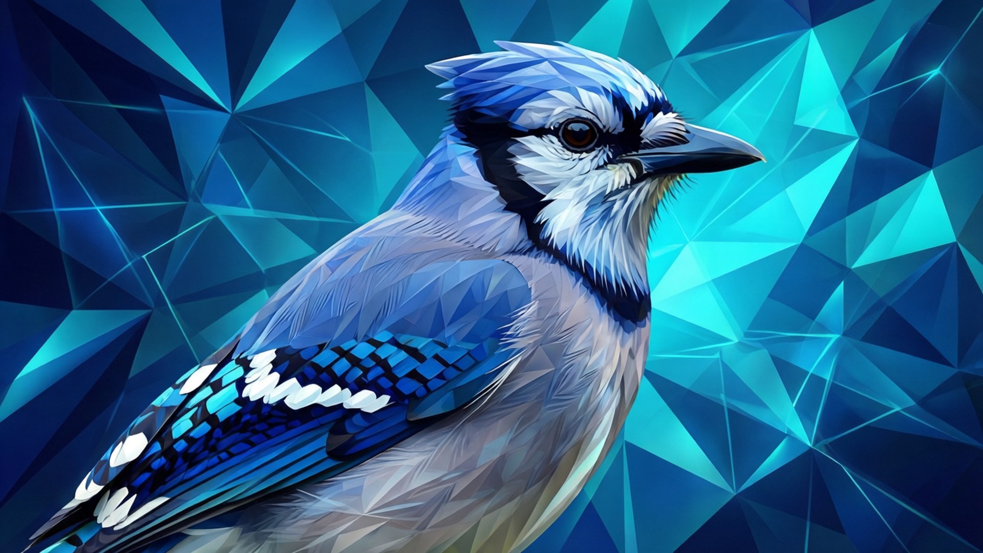一隻以幾何風格呈現的藍松鴉，背景為藍色多邊形。