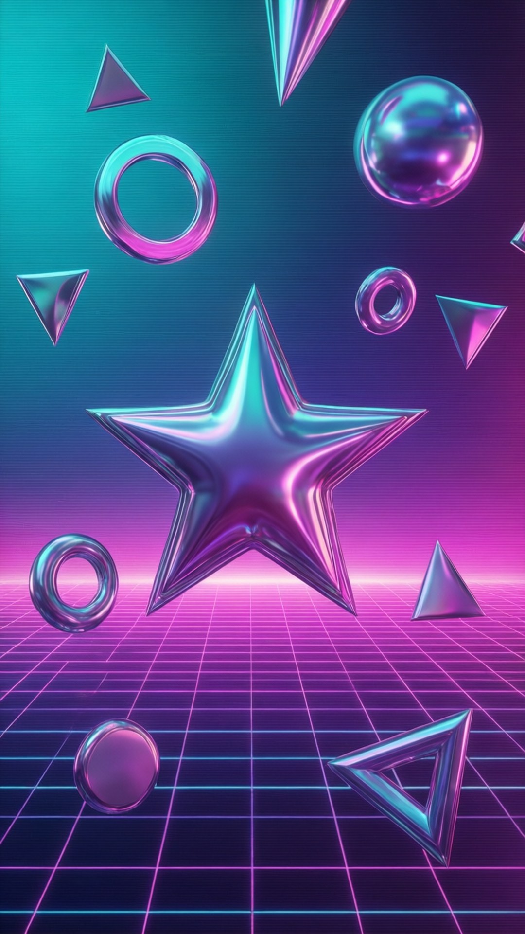 幾何光澤 壁紙 — 一顆發光的金屬星星和幾何形狀漂浮在漸變天空下的霓虹網格上方。
