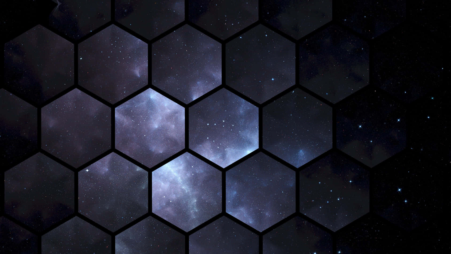 六角形面板框住了深藍色和紫色太空中佈滿星星的星雲景觀。