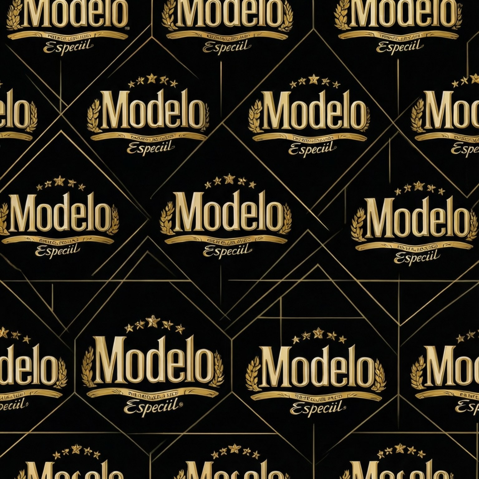 金色Modelo Especial啤酒標誌圖案，黑色背景，幾何設計。