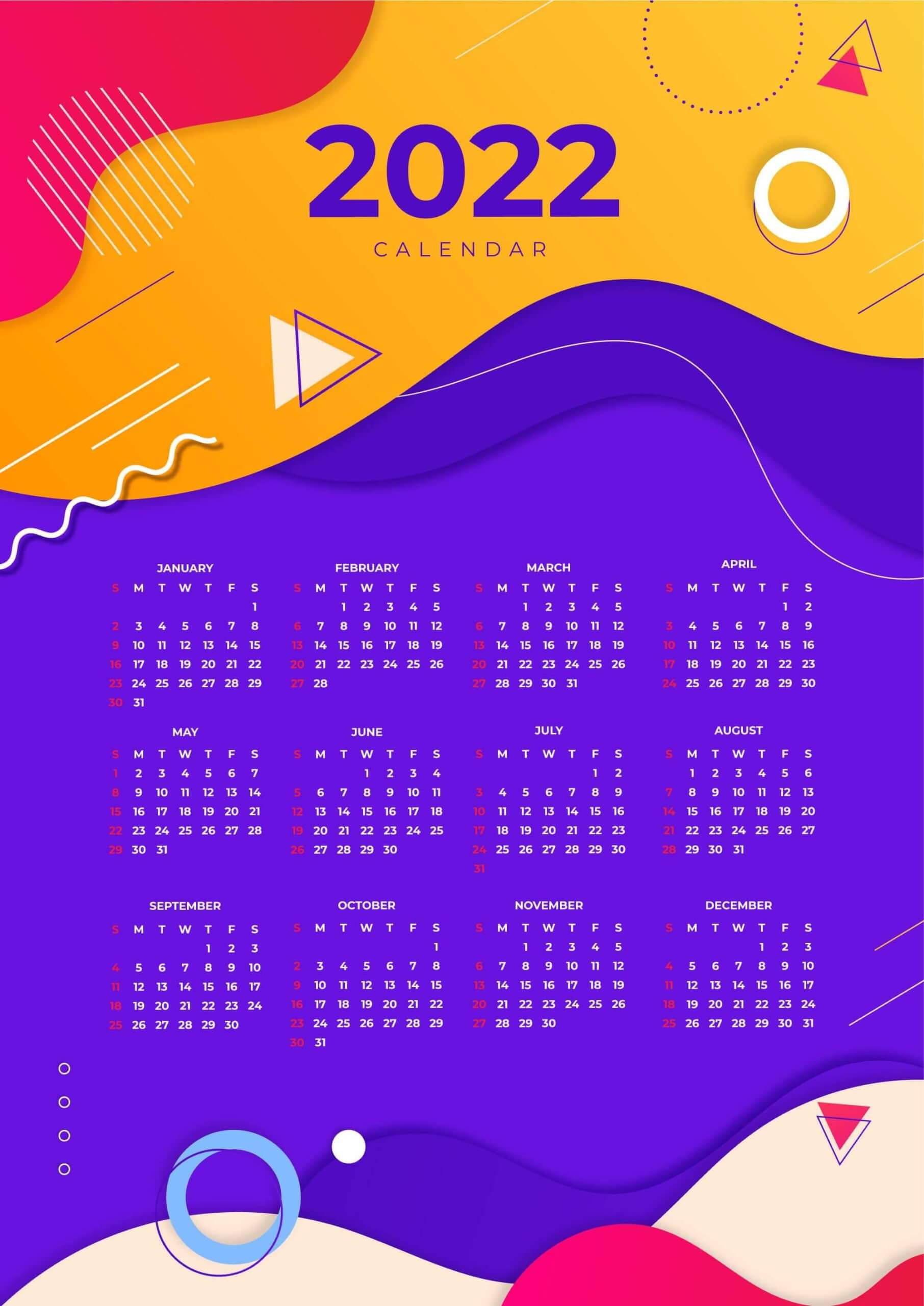 幾何圖形2022年曆 壁紙 — 充滿活力的2022年月曆，採用大膽的幾何形狀和紫色、橙色、黃色的流暢漸變。