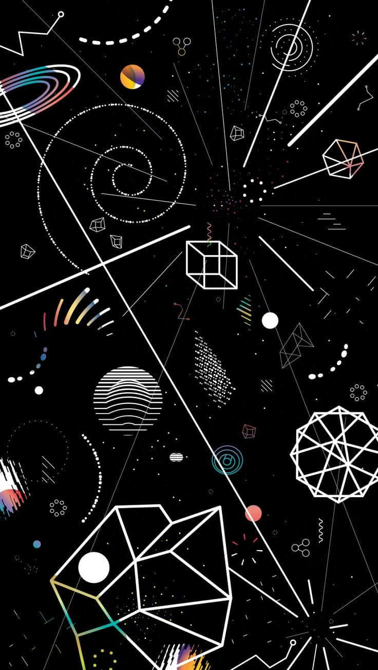 幾何形狀和線條在黑色背景上以宇宙抽象圖案漂浮。