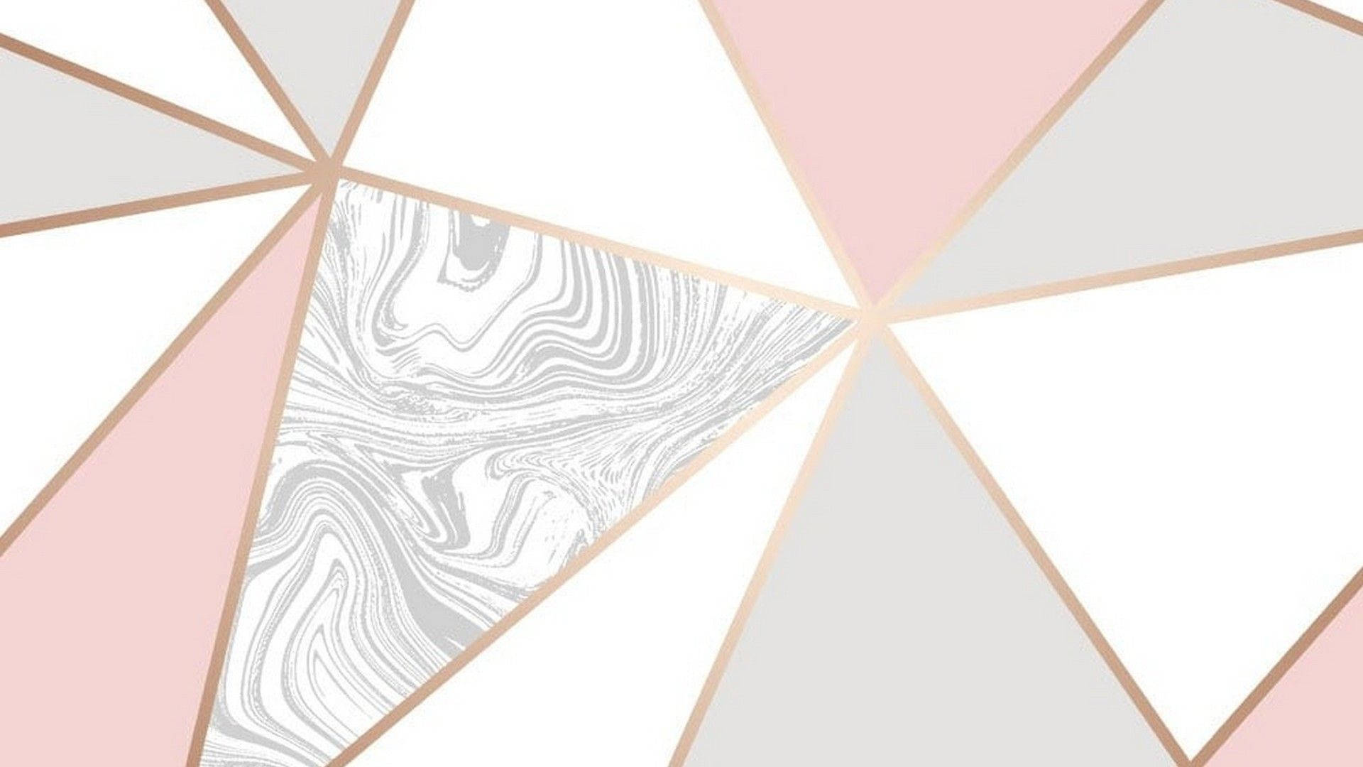 幾何 桌布 壁紙 — 幾何圖案牆紙，玫瑰金線條劃分柔和的粉紅色、灰色和白色三角形，中央有灰色大理石漩渦。