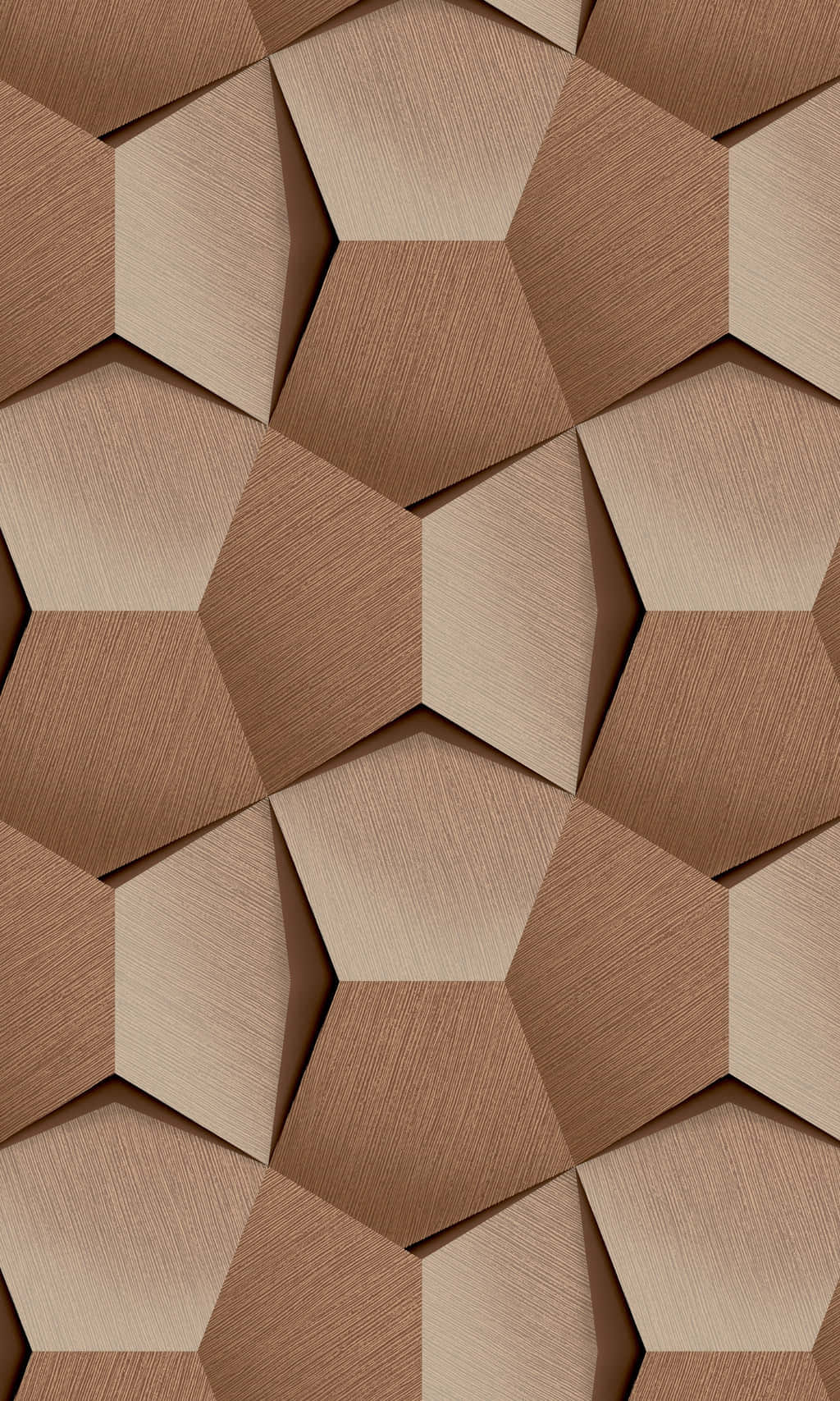 Brown Geometric 桌布 壁紙 — 幾何圖案牆紙，由相互交錯的六邊形組成，帶有溫暖大地色調的木紋質感。
