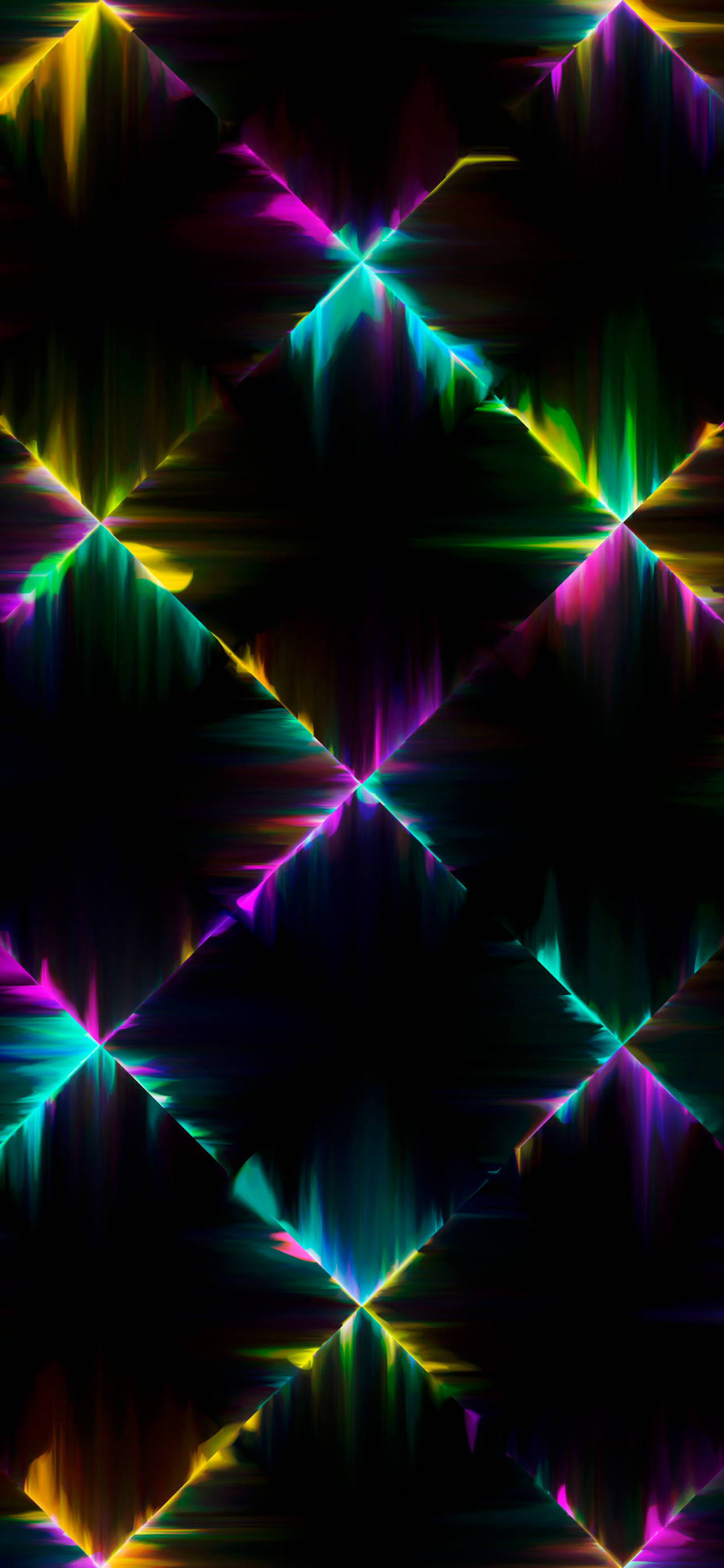 幾何圖案霓虹風格iPhone背景 壁紙 — 充滿活力的霓虹幾何碎片從鑽石中心向深黑色背景輻射。