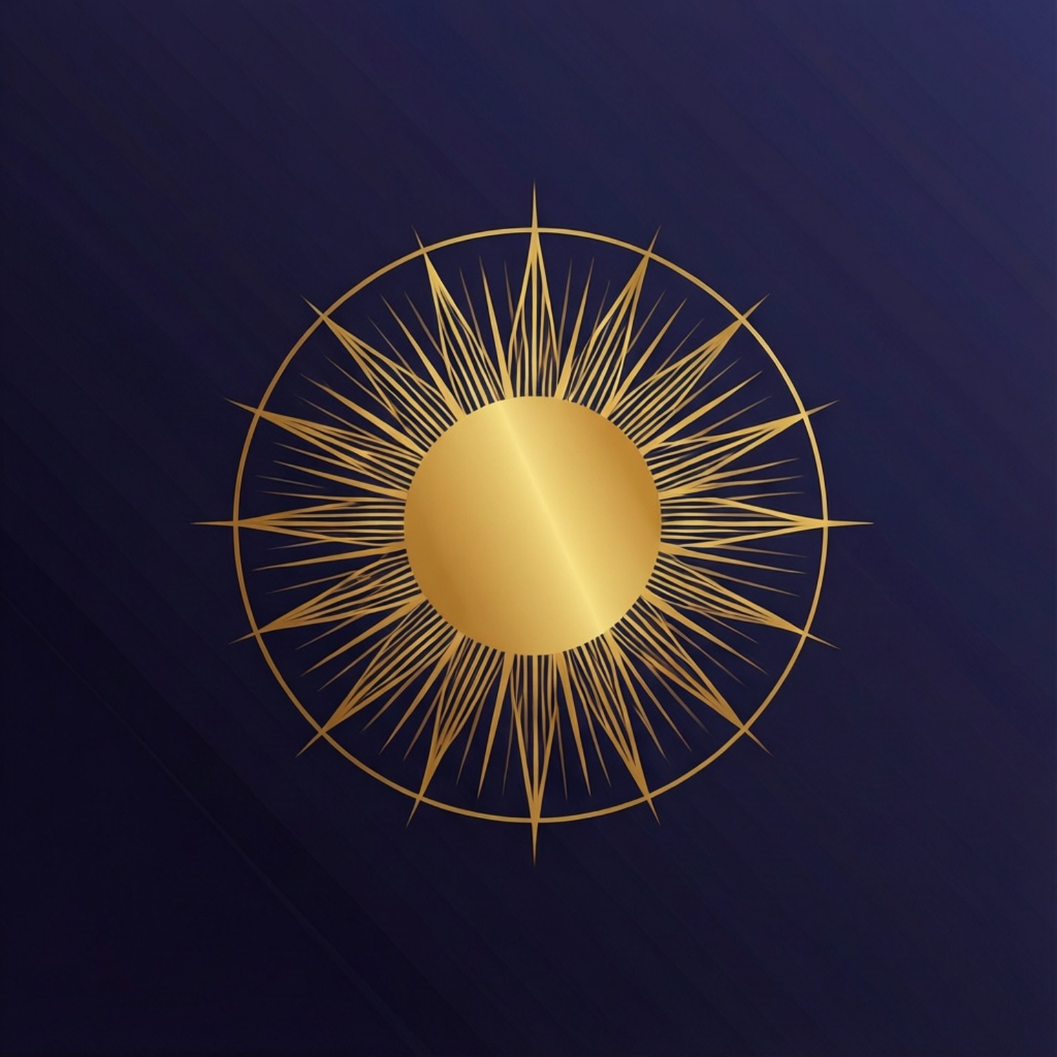 幾何太陽 Sol 壁紙 — 一個帶有尖銳光線和圓形輪廓的燦爛金色太陽爆發，在深海軍藍漸變背景上發光。