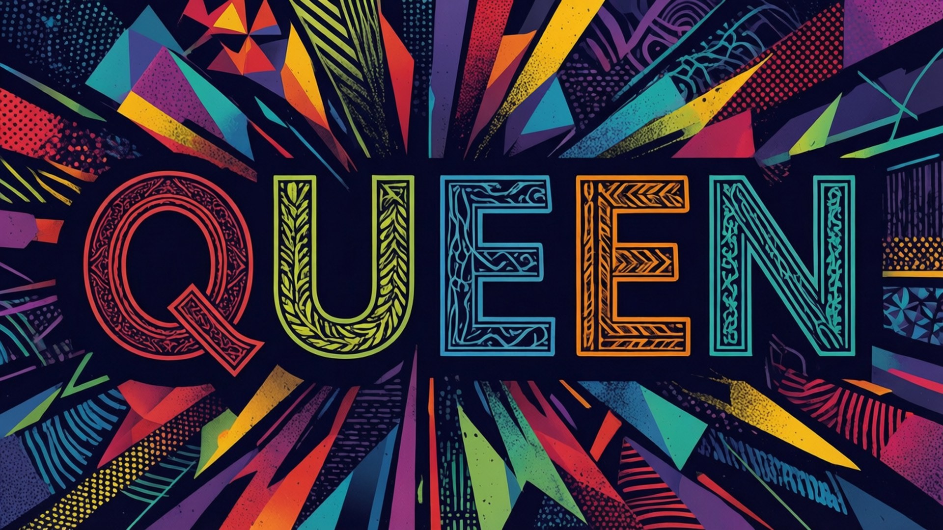 幾何女王字母 壁紙 — 鮮豔的幾何爆炸從華麗的「QUEEN」字母中以大膽的彩虹色調在深色背景上輻射出來。