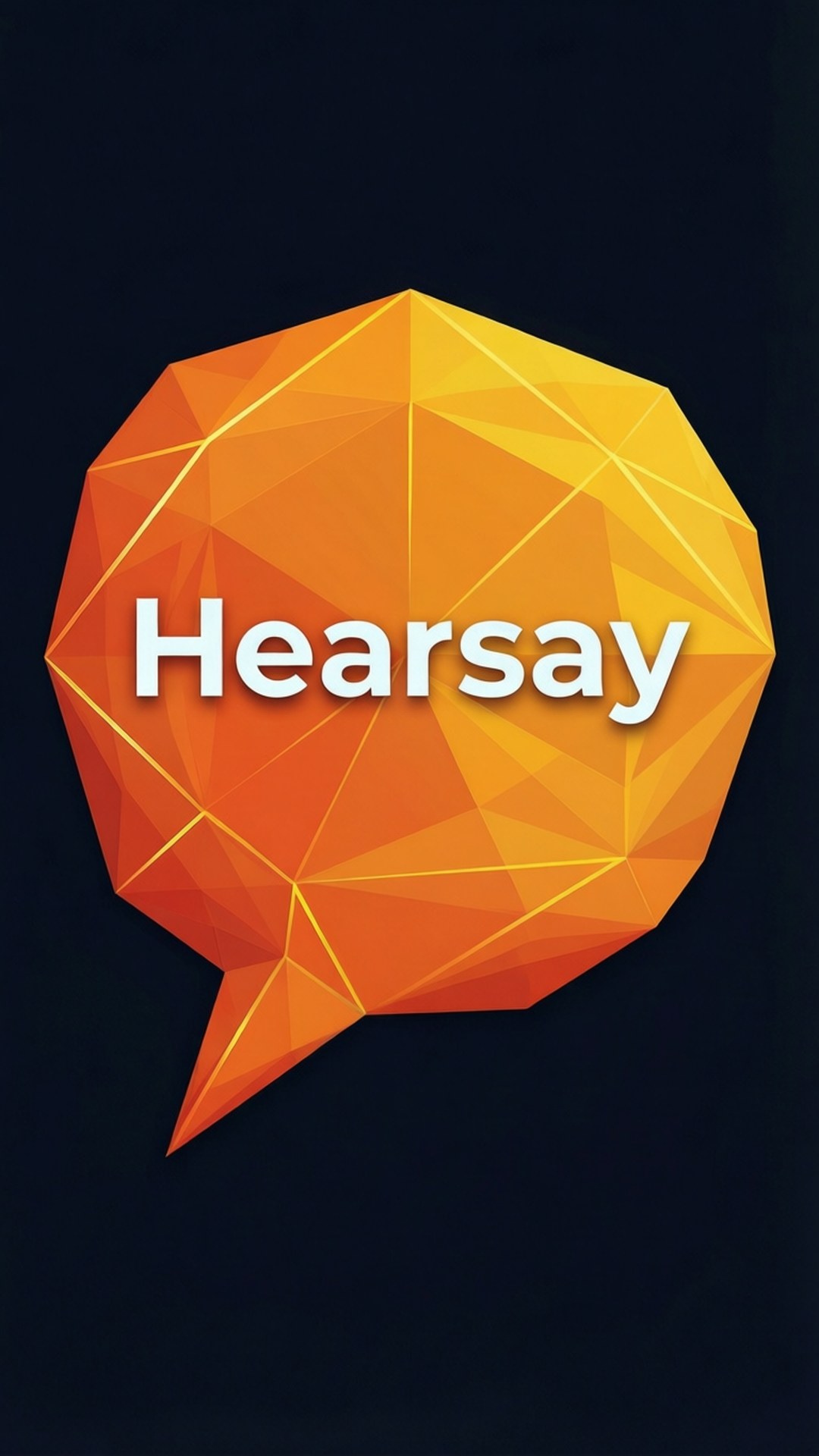 橙色幾何對話氣泡標誌，深色背景上帶有白色文字 Hearsay。