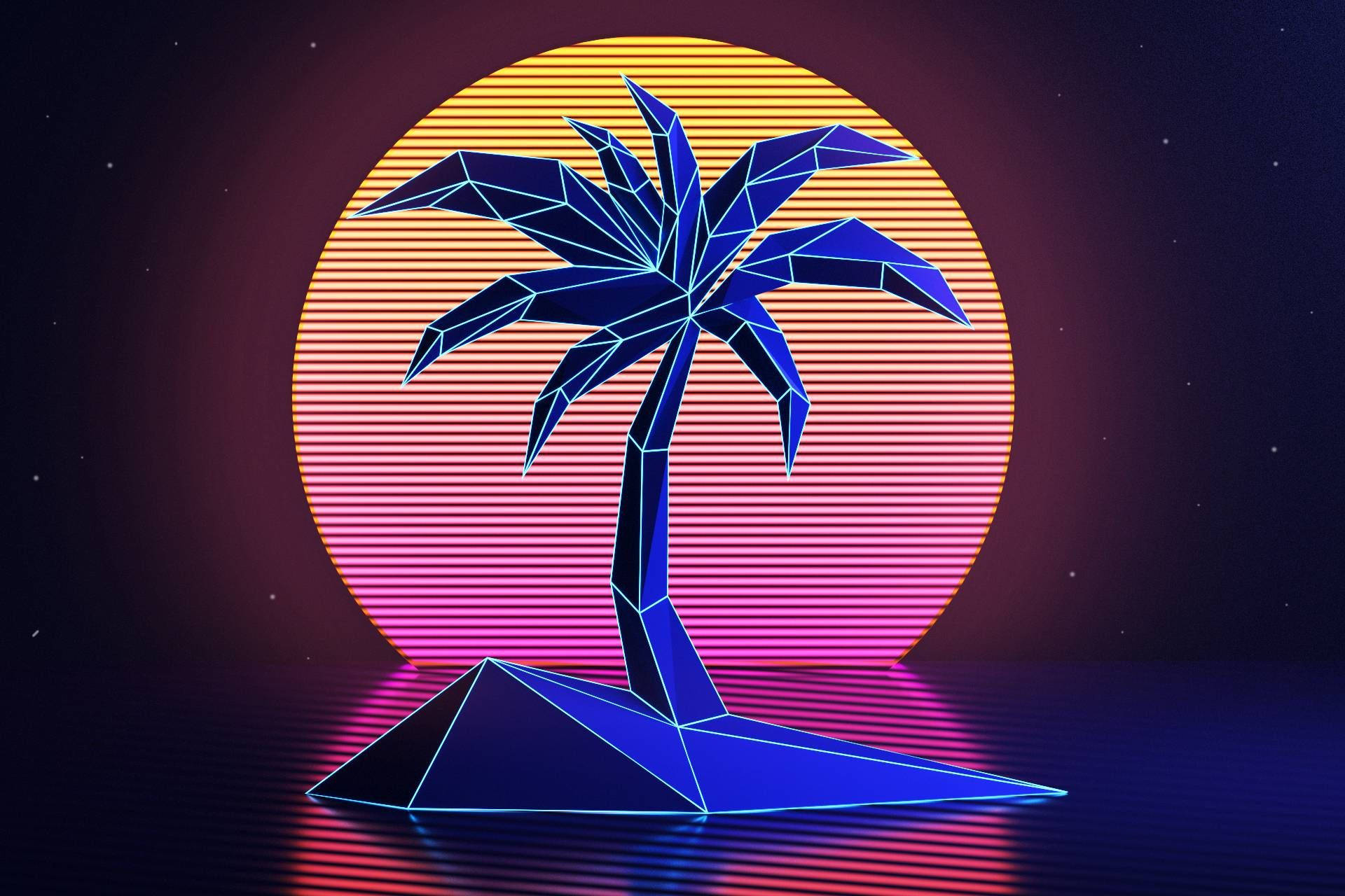 霓虹日落和星空下的幾何藍色棕櫚樹。