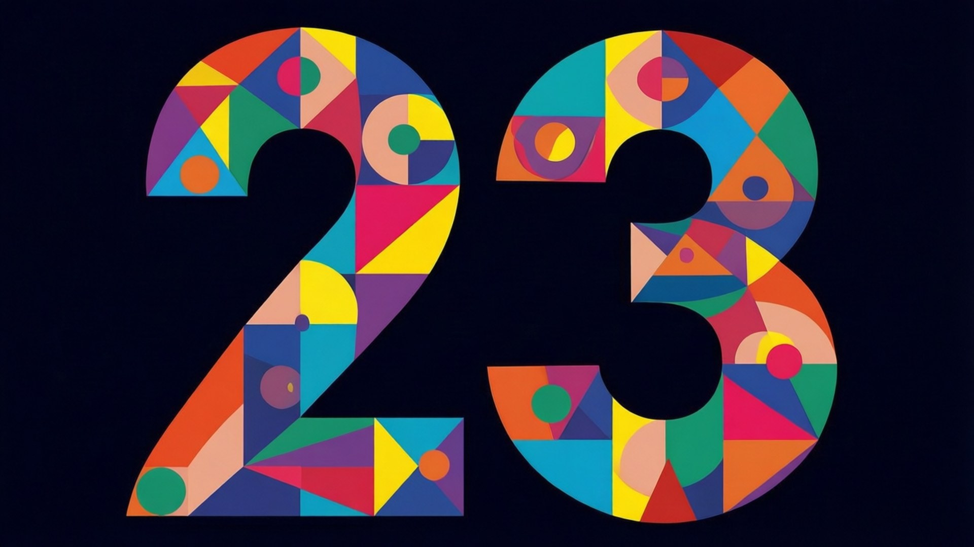 幾何抽象 23 壁紙 — 大膽多彩的幾何圖案填滿了深色背景上的數字23。