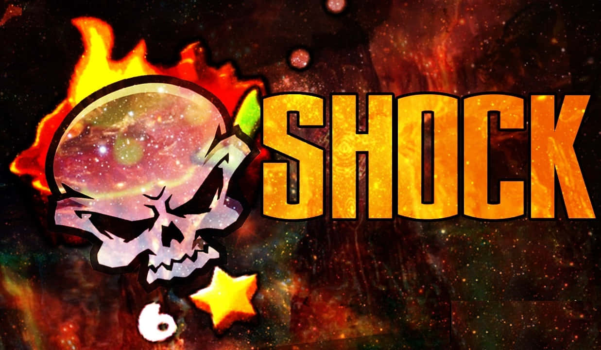 帶有星系在內的骷髏，被火焰和星星包圍，並帶有「SHOCK」字樣。