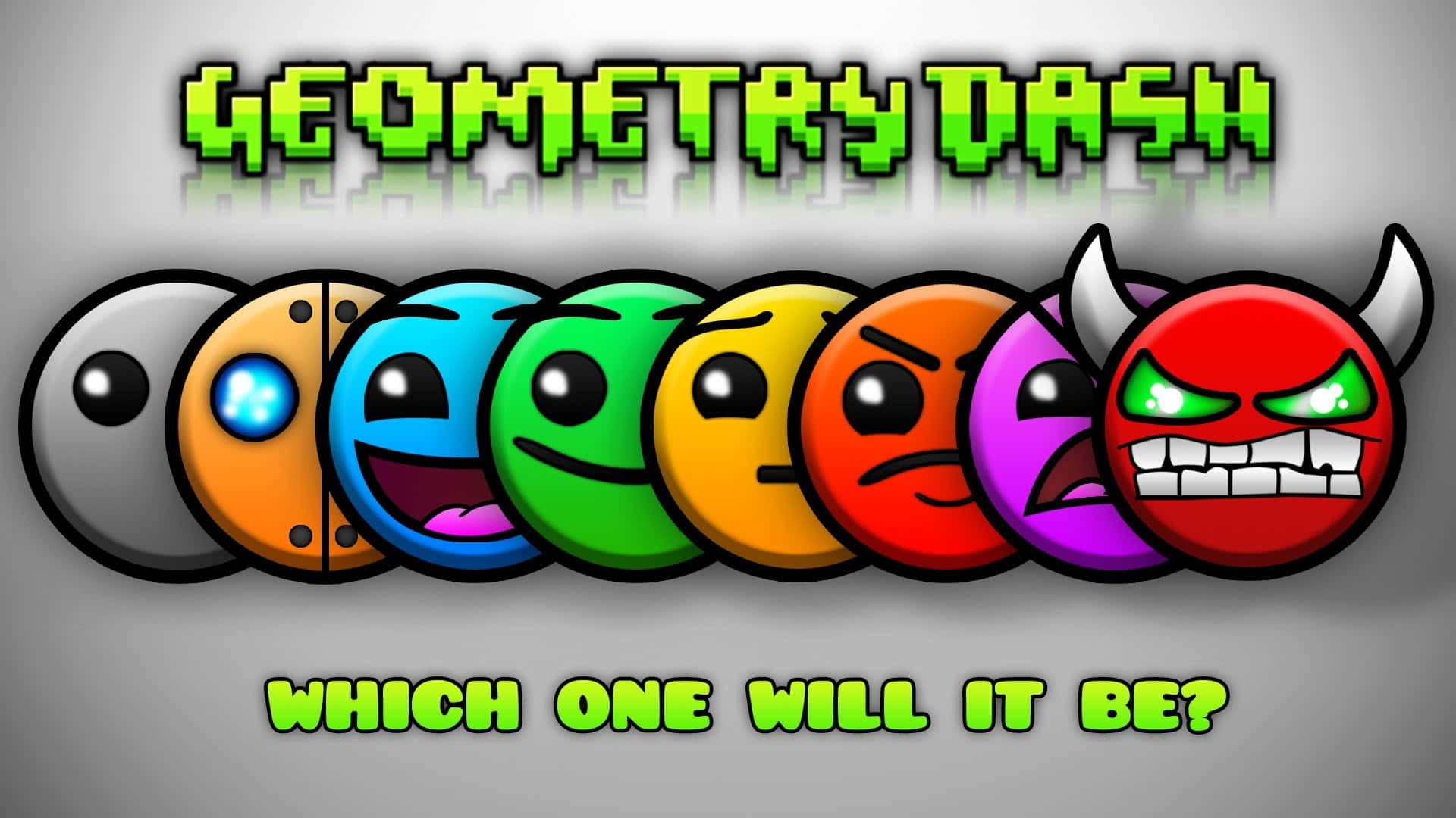 七個色彩繽紛的 Geometry Dash 角色圓圈，表情各異。