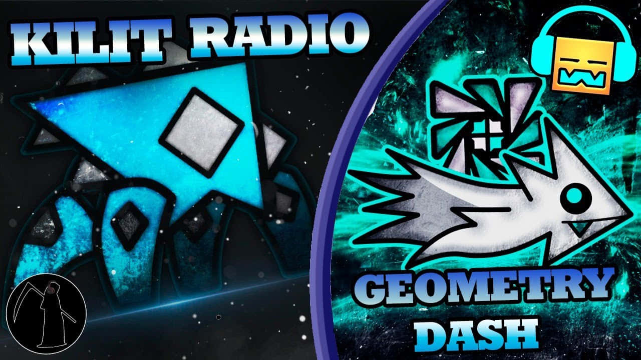 Geometry Dash 和 Kilt Radio 標誌，帶有風格化的魚和太空船，背景為宇宙。