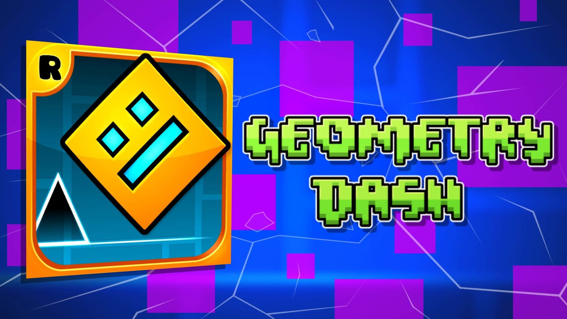 Geometry Dash 遊戲標誌，帶有霓虹綠色文字和幾何形狀，背景色彩繽紛。