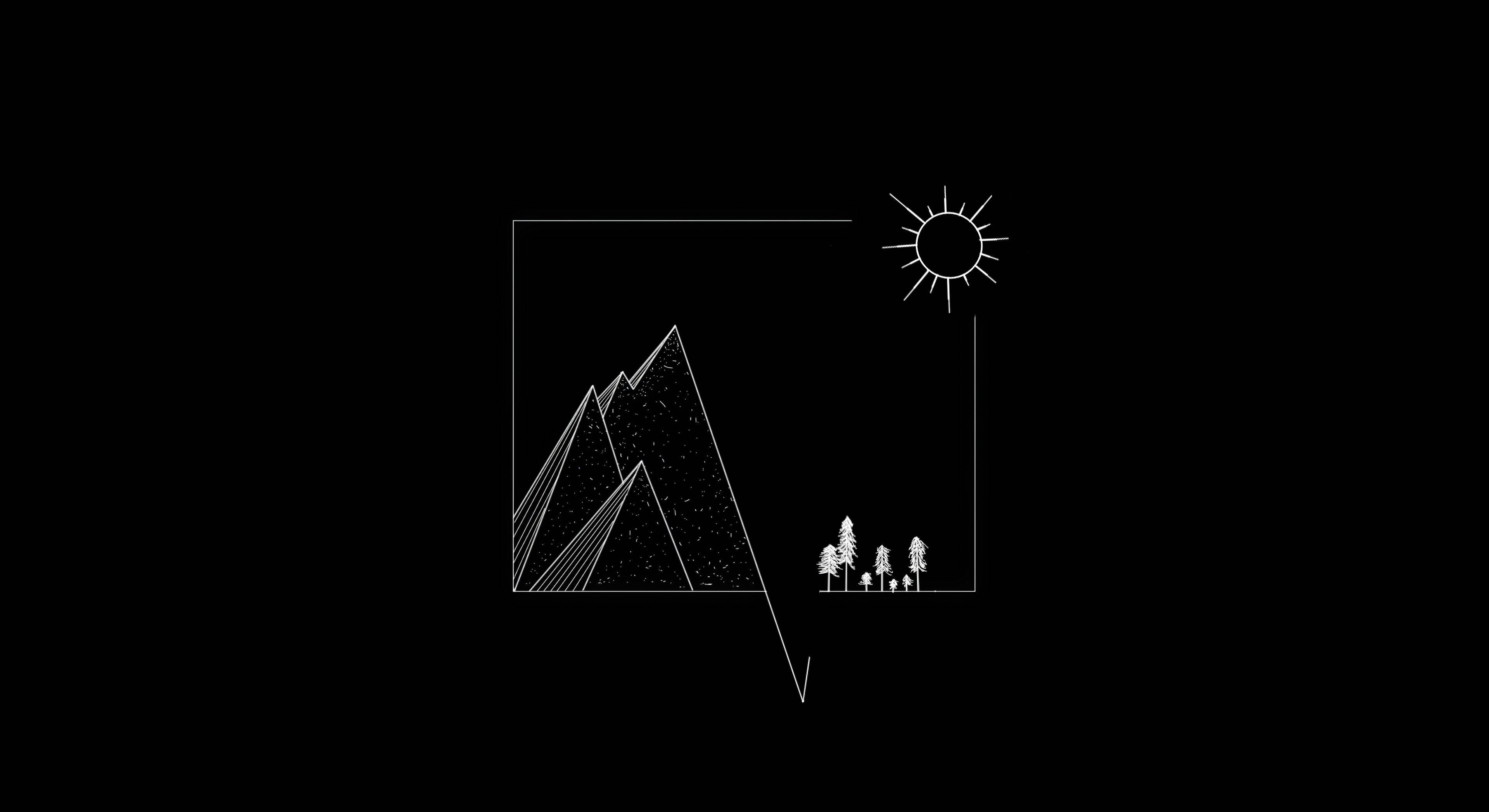 Dark Minimalist 桌布 壁紙 — 幾何框架內黑色背景上的山脈、樹木和太陽的極簡白色線條畫。