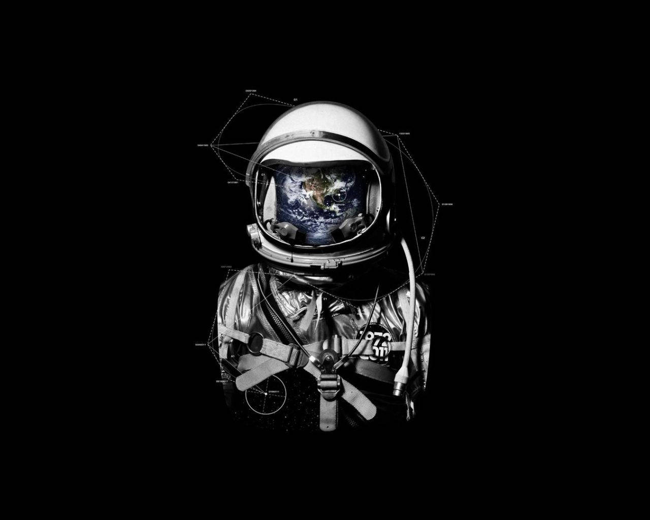 太空人頭盔在黑色背景上反射地球，帶有幾何設計元素。