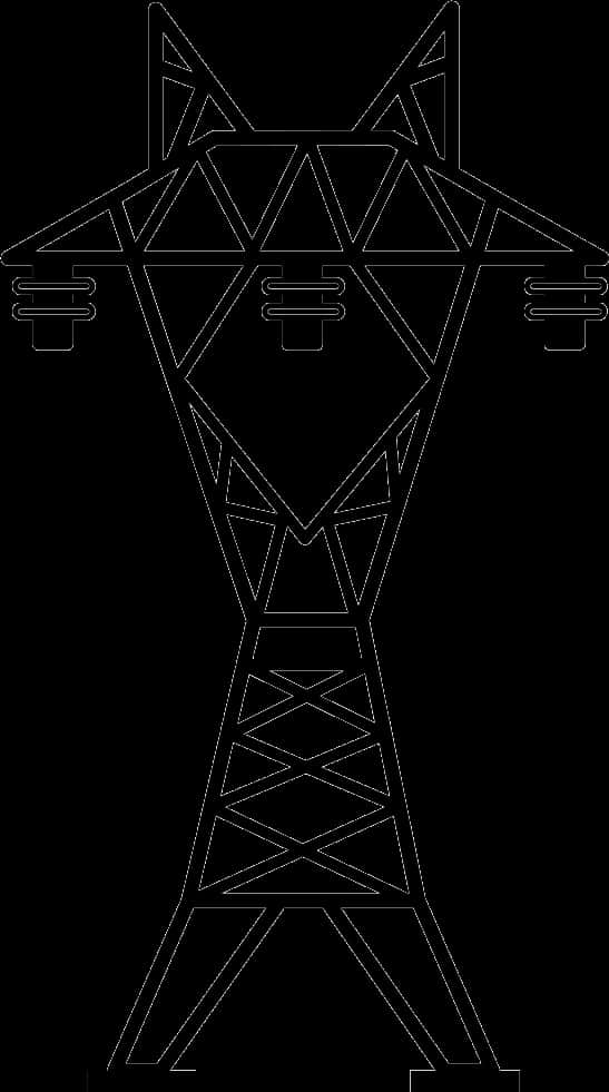 幾何狐狸電塔設計 壁紙 — 在純黑色背景上的格子電塔的極簡白色線條畫。