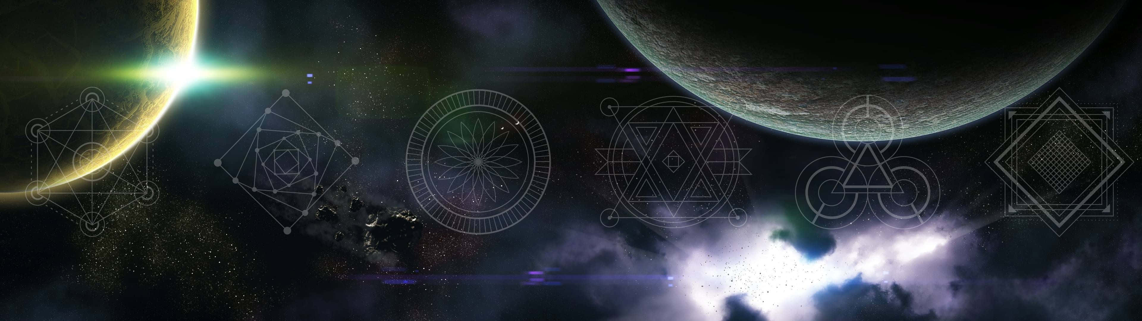 Sacred Geometry 桌布 壁紙 — 幾何符號在發光行星與星雲之間的宇宙空間中漂浮，帶有鏡頭光暈。