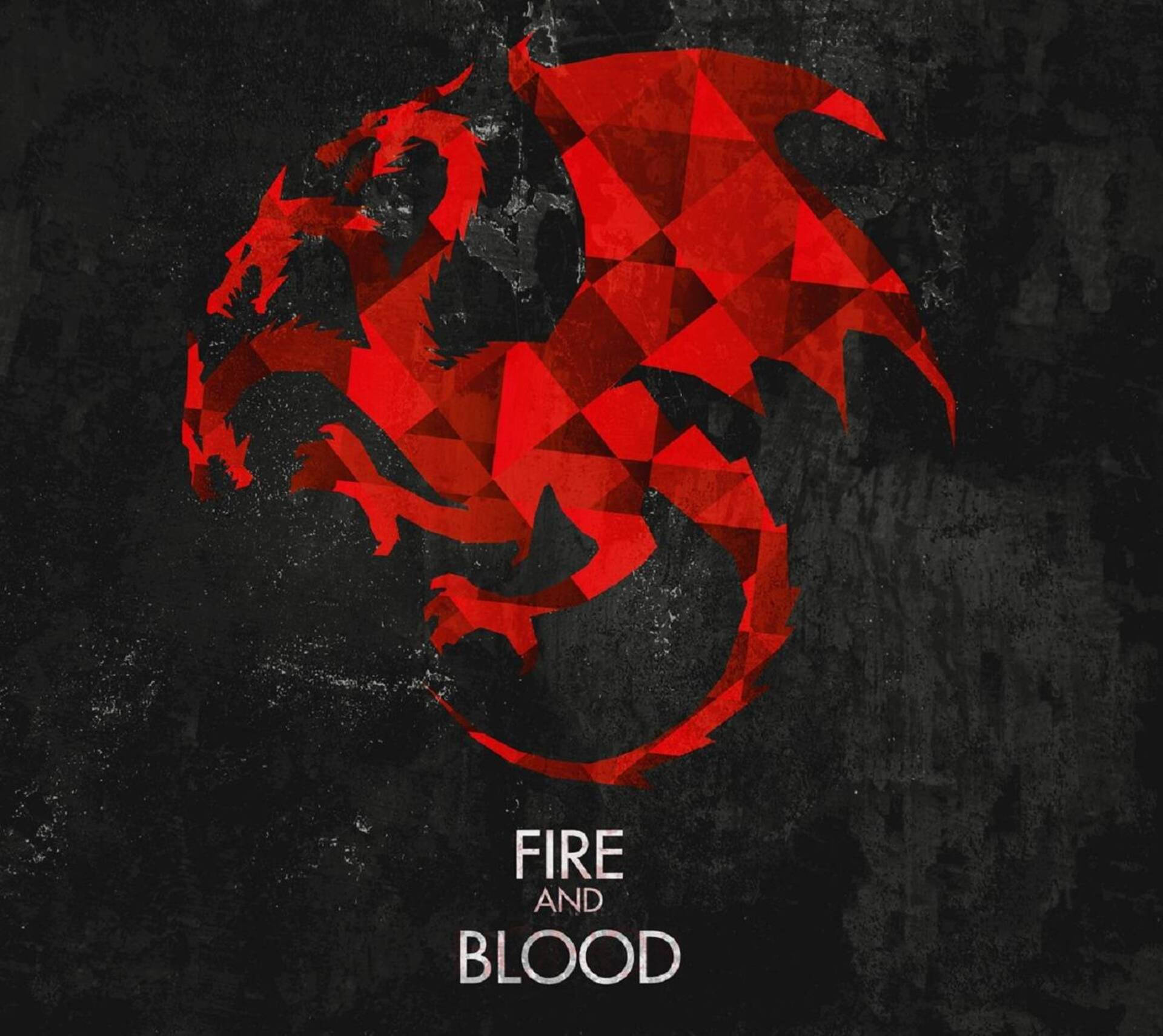 紅色幾何龍標誌，帶有「Fire and Blood」文字，位於深色紋理背景上。