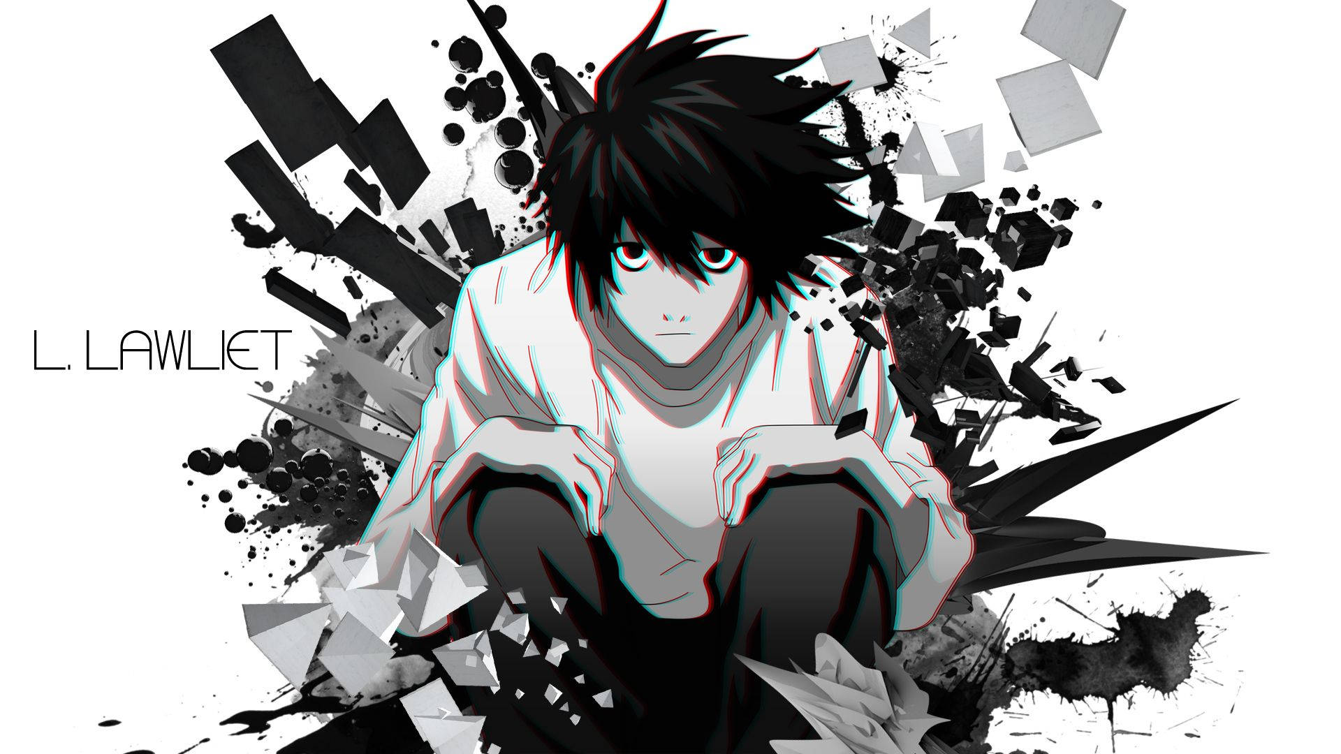 動漫偵探 L Lawliet 被黑白破碎的碎片包圍，帶有 3D 立體效果。