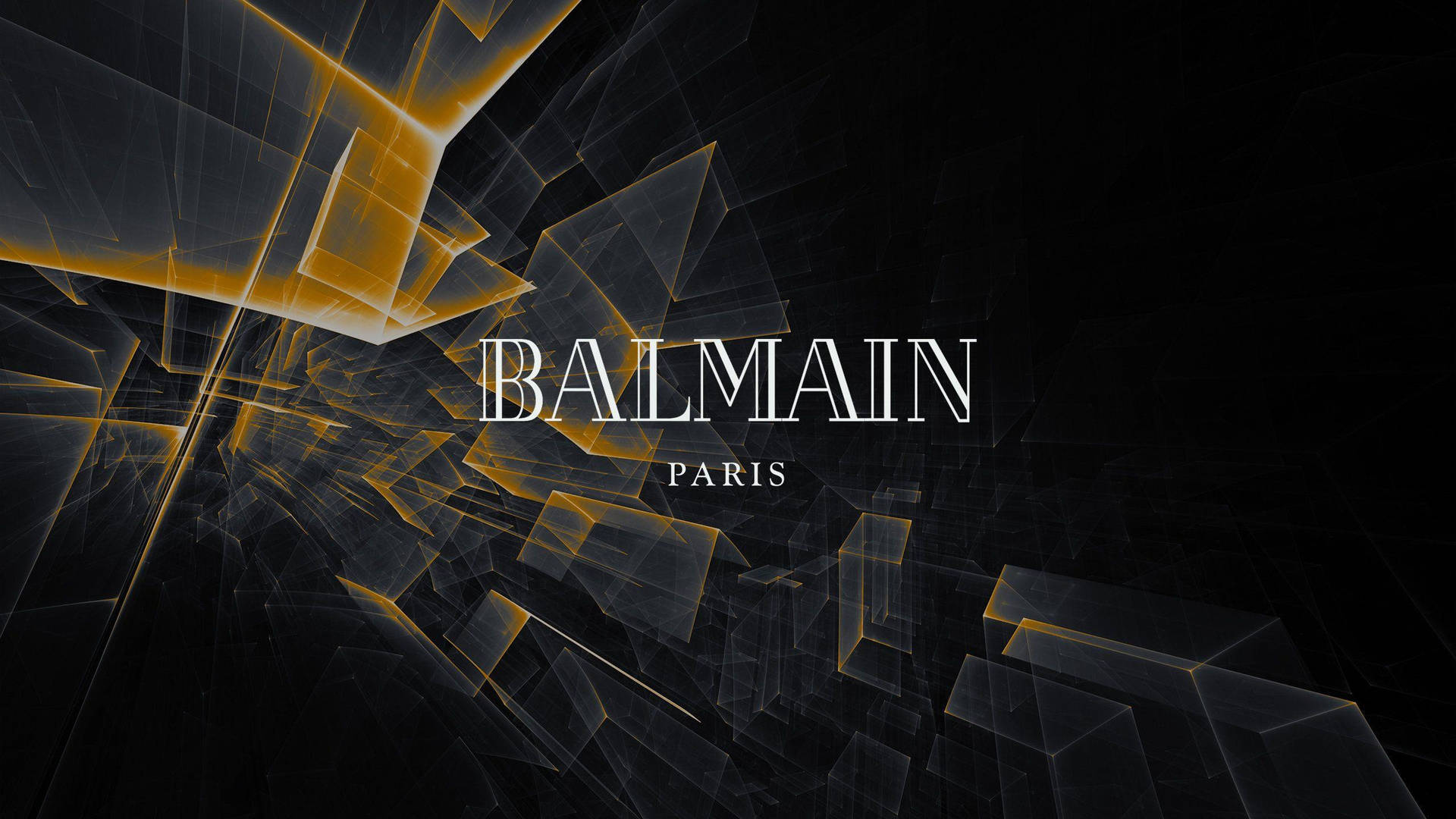 Balmain Paris 標誌，黑色背景上帶有發光的金色幾何碎片