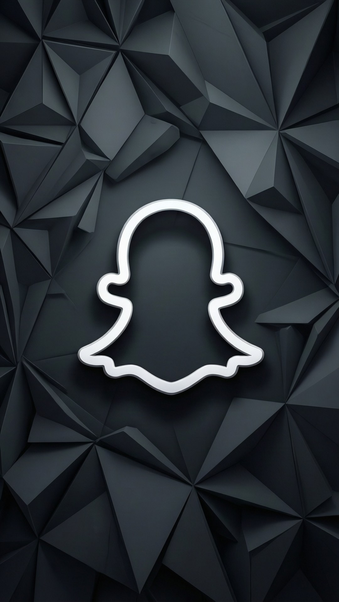 幾何陰影 壁紙 — 一個發光的白色Snapchat鬼魂標誌，置於深色幾何多邊形背景中央。