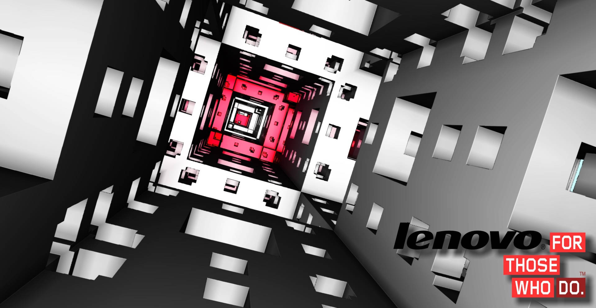 黑白幾何隧道，帶有紅色中心和 Lenovo 標誌。